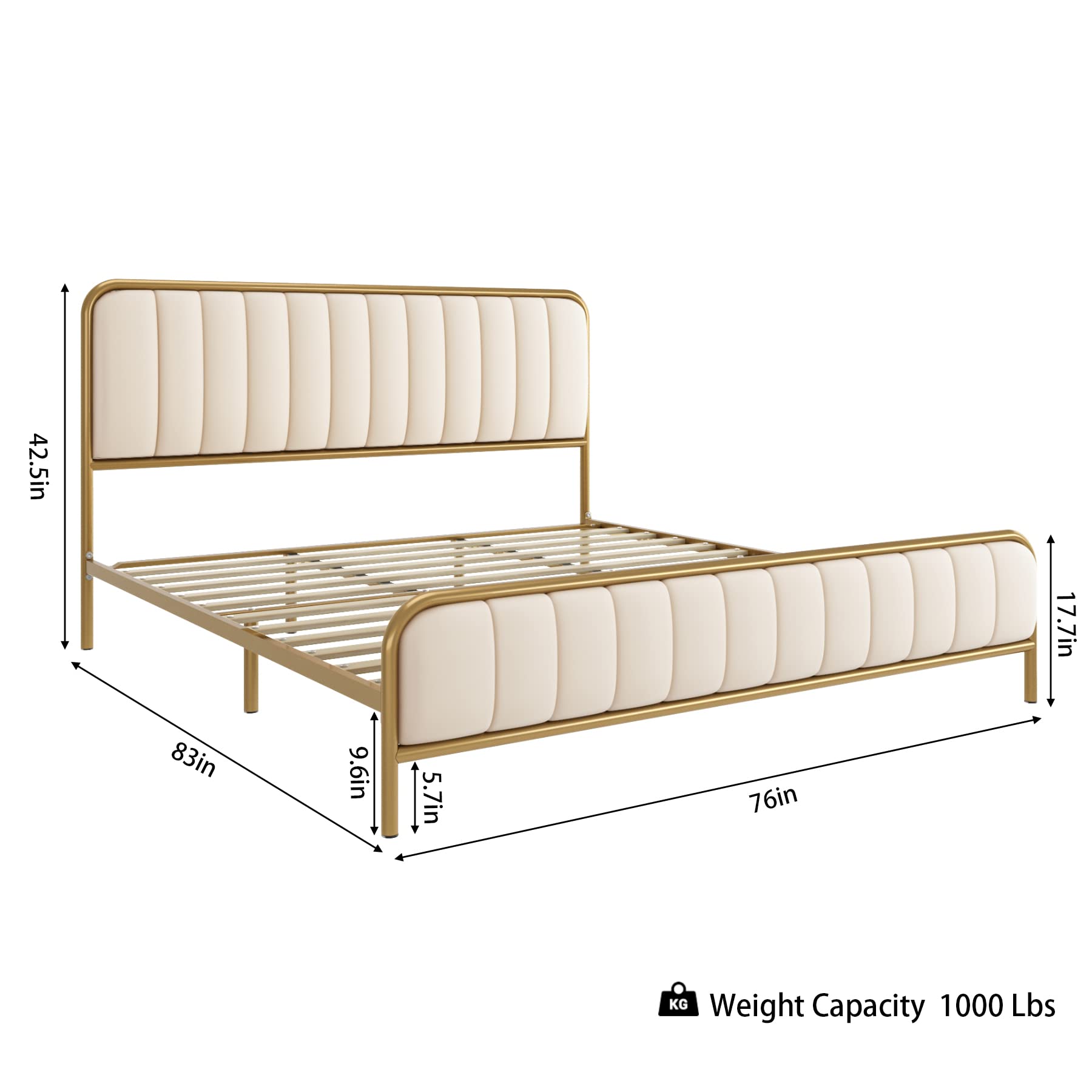 Condition photo showing New/Like New for hithos king size bed frame, upholstered bed frame with button tufted headboard, heavy duty metal mattress foundation with wooden slats, easy assembly, no box spring needed (golden/off white, king)