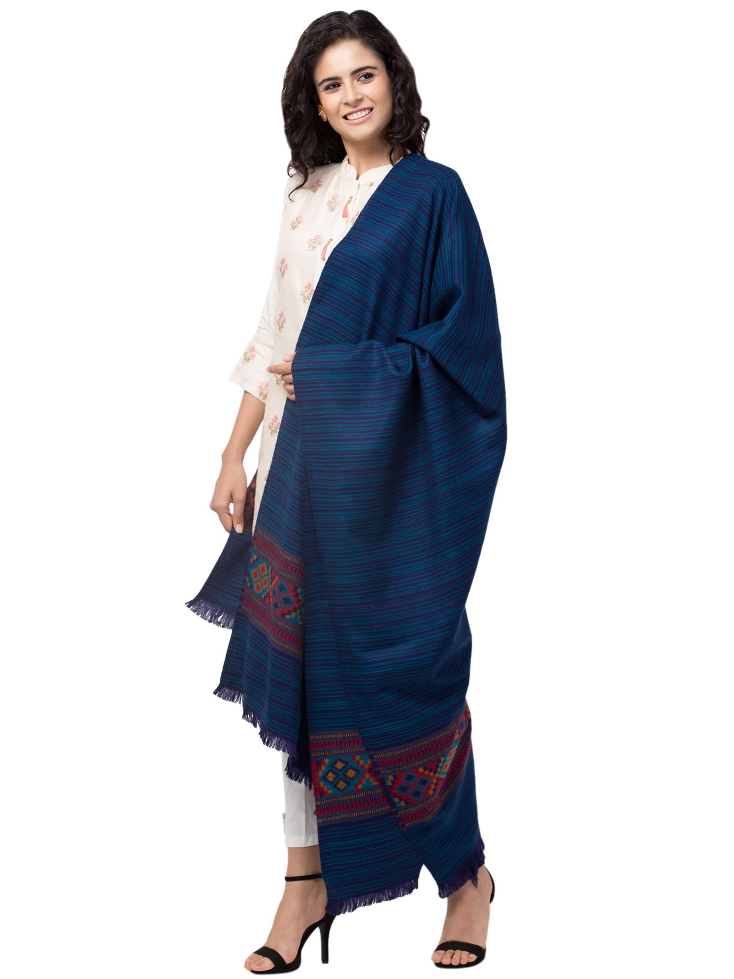 tweedle Women's Warm Woolen Kullu Shawl/Stole for Winters, Reversible, Traditional Himachali Design - Blue (Size β 40 x 80 inches) 1