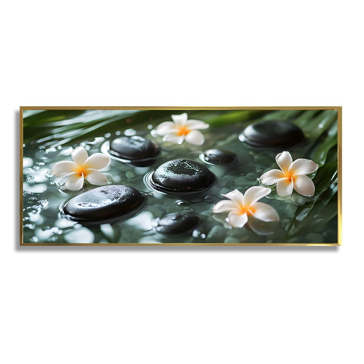 Via Vela Zen kamienie i kwiaty płótno sztuka ścienna nowoczesny styl spa grafika wydruki relaks natura mural do salonu sypialnia wystrój biura 40x101cm ze złotą ramką