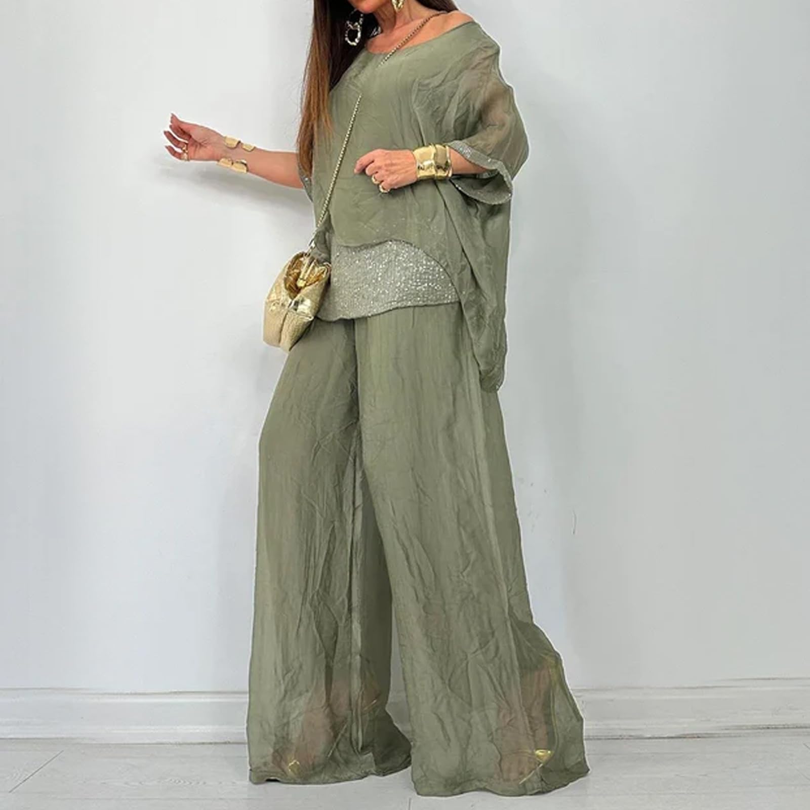 Traje casual de gasa con lentejuelas para mujer, elegante pantalón de gasa de pierna ancha, conjunto de dos piezas para boda de mujer