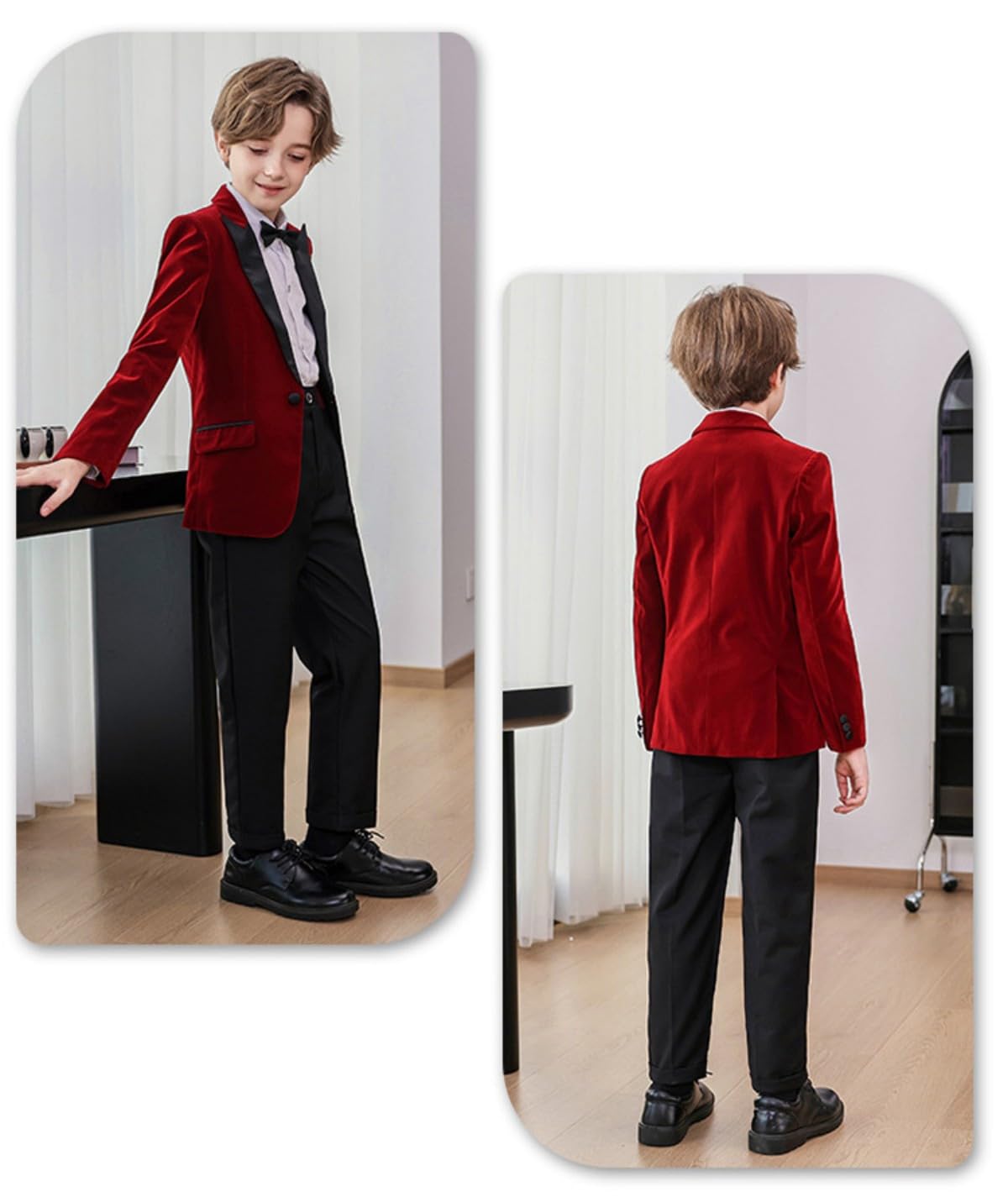 2-teiliger Anzug für Jungen, schmale Passform, Smoking, formeller Anzug, Fleece-Blazer und Hose, Kinder-Hochzeits-Outfit mit Fliege