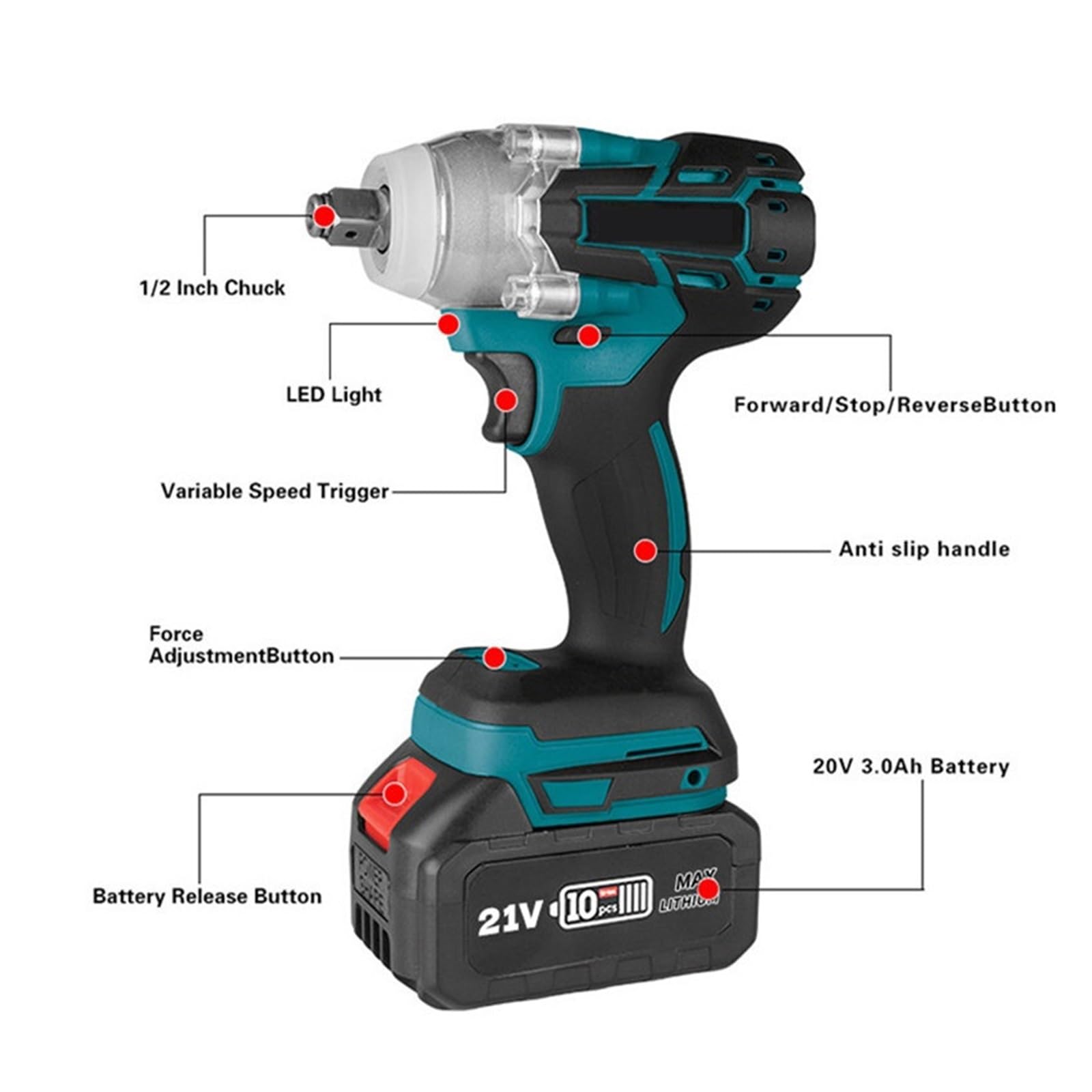 Llave de Impacto Llave De Impacto Eléctrica Inalámbrica, Llave Eléctrica Sin Escobillas, Taladro Manual, Herramienta Eléctrica For Batería De 21V(1 Big Battery)
