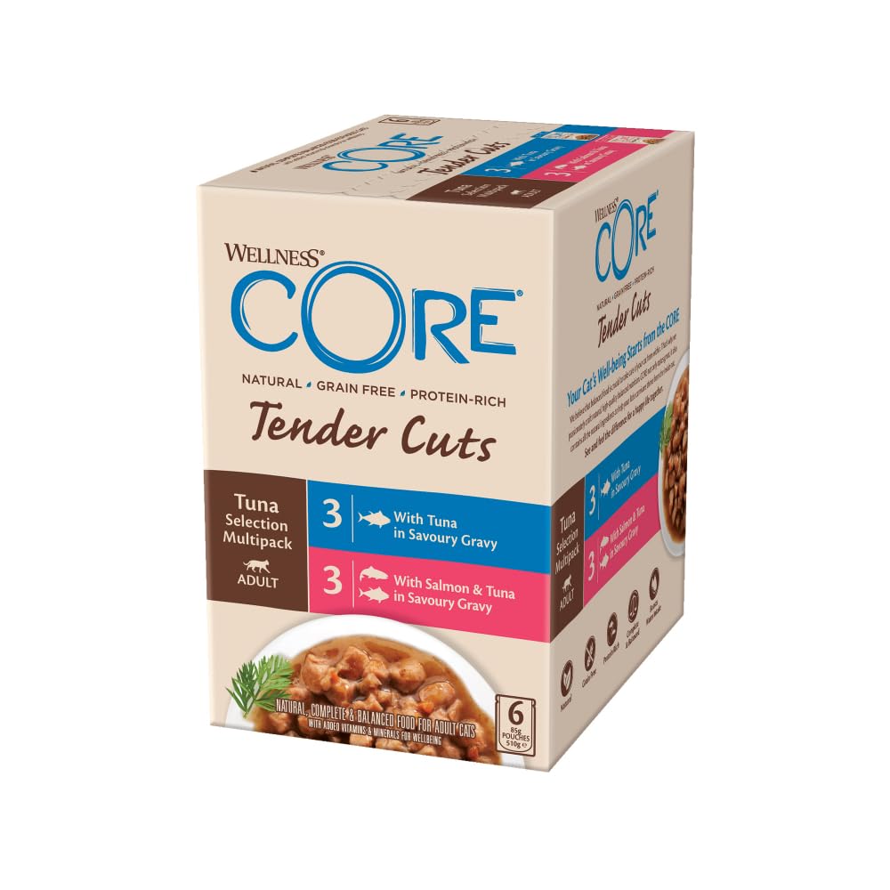 Wellness CORE Tender Cuts 6 x 85g, Multipack Saumon/Thon/Crevettes – Tendre Morceaux pour Chats Adultes, sans Céréales, Naturelles, Hypoallergénique, Riche en protéines, À Haute Teneur en Poisson,