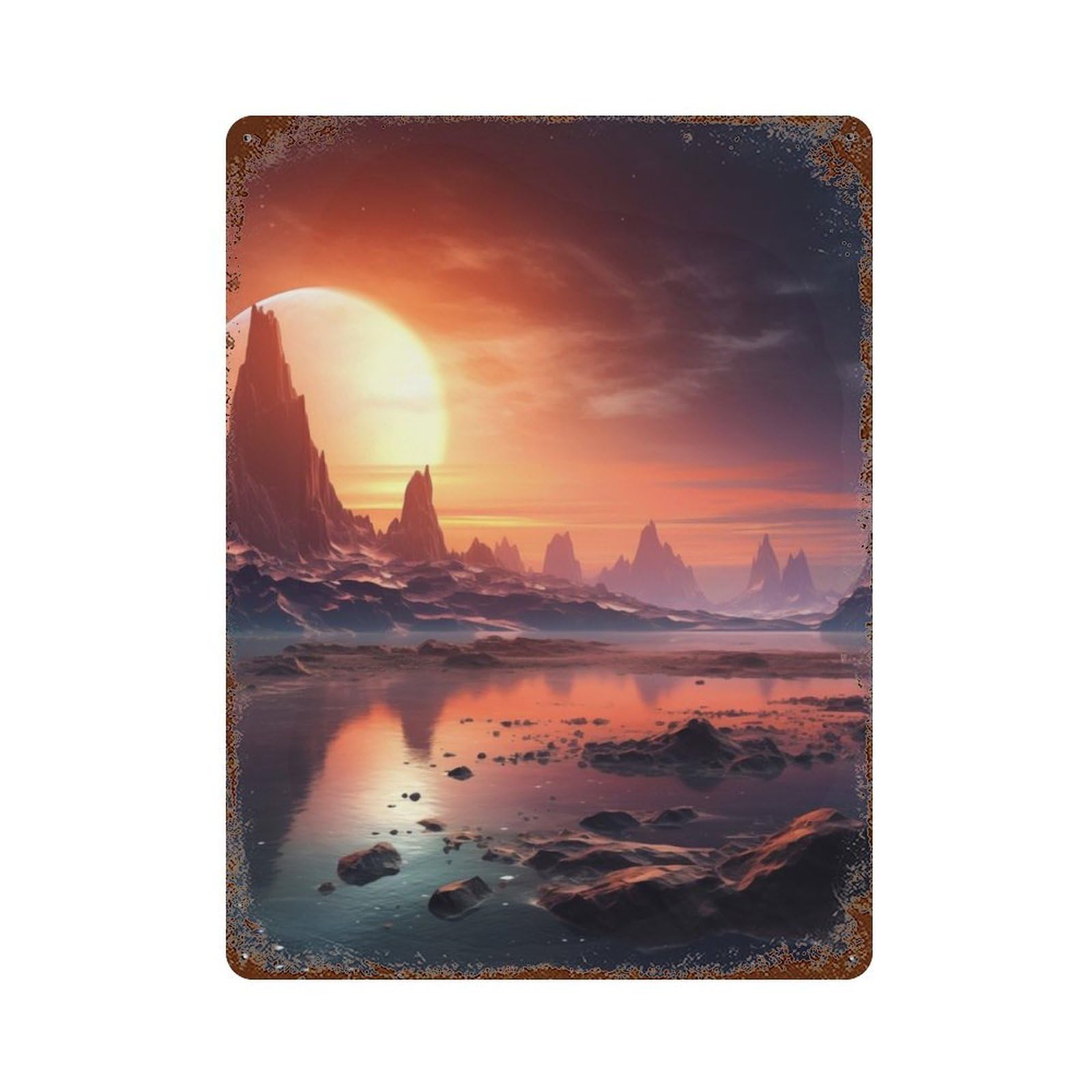 Weathered Tin Sign with Surrealistic Alien Planet Design 15.7"x11.8", for Garage, Bar And Workshop Decor, Decorative Metal Wall Art