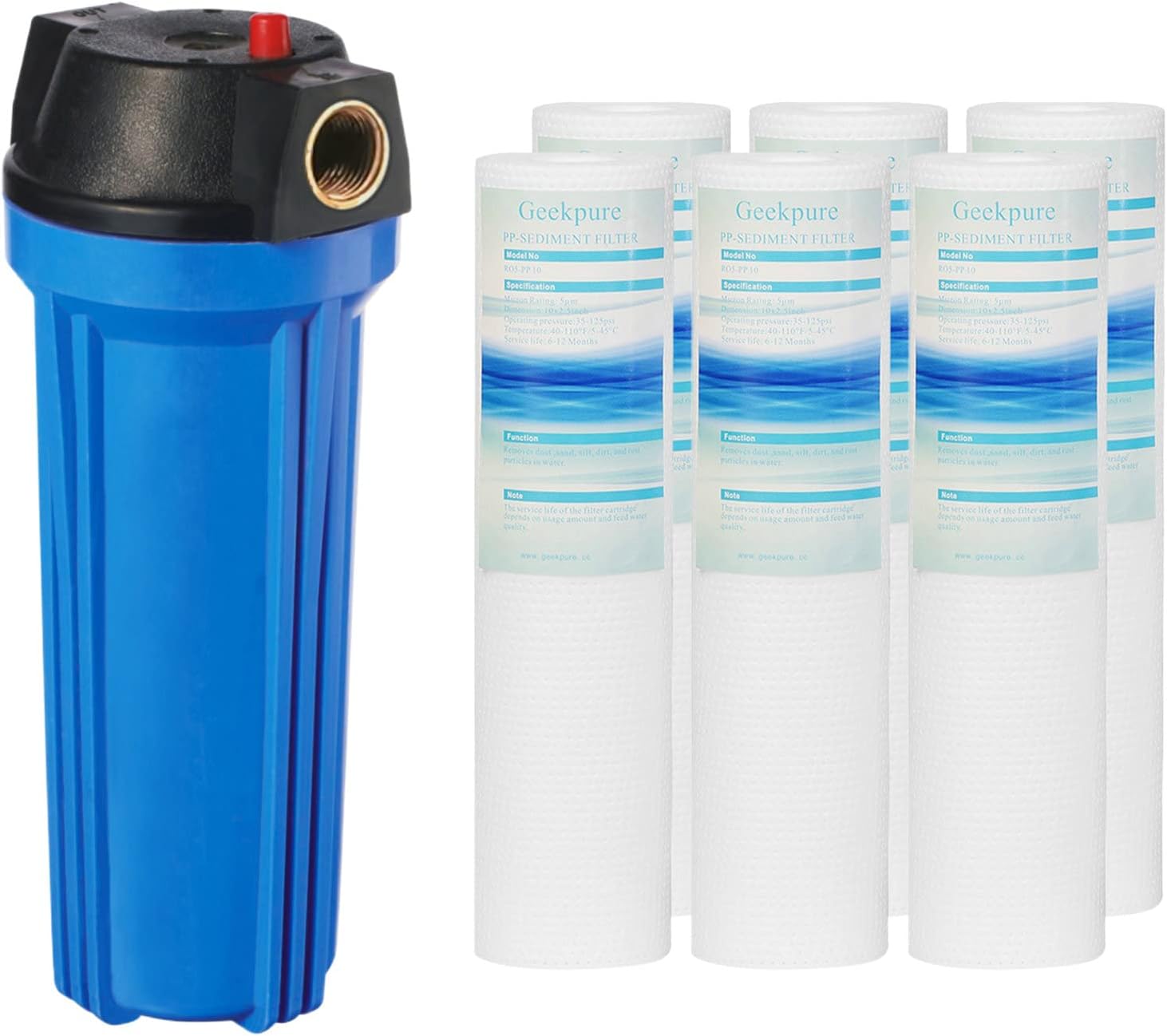 Geekpure 10-Inch Whole House Water Filter System with Blue Housing and PP Sediment- 3/4"NPT Brass Port
