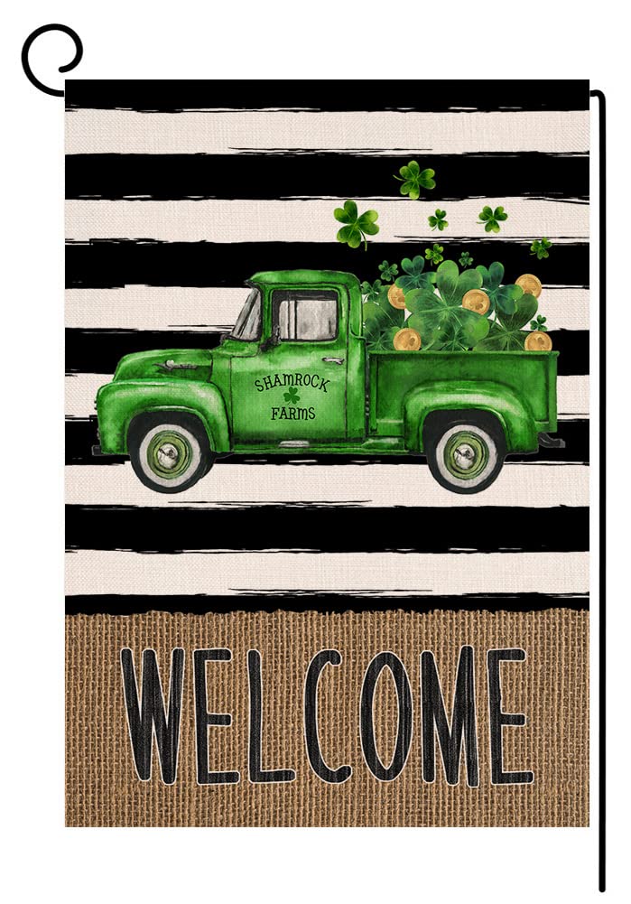 Welcome Spring St. Patrick's Day Stripe Small Garden Flag Vertical Double Sided Burlap Green Truck with Clover Shamrock Farmhouse Yard Outdoor Decoration 12 x 18 Inches