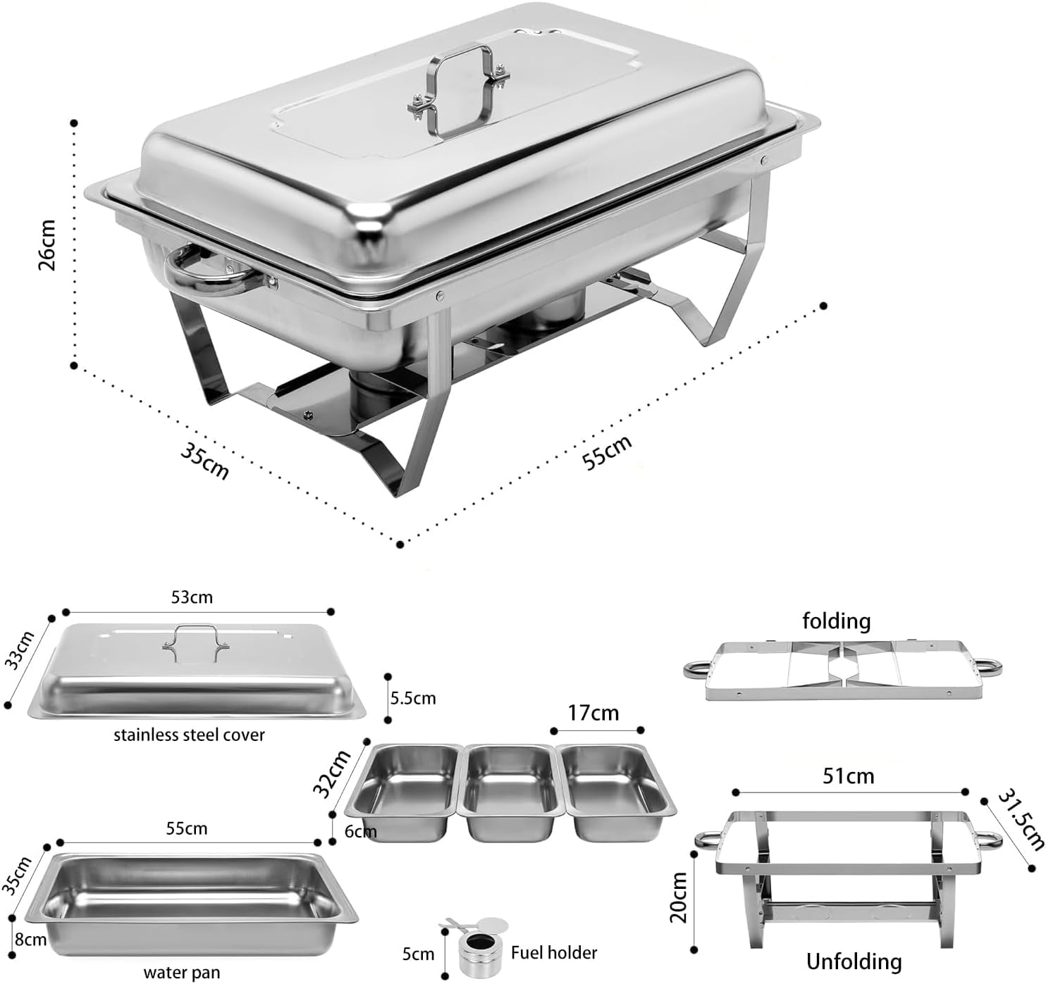 9L Chafing Dish Catering Buffet Set, Acciaio Inossidabile Chafing Dish Buffet Set, Pieghevole Vaschette per l'acqua Portavivande e Coperchio, per La Cena Ristoranti Banchetti Feste di Nozze, Argento