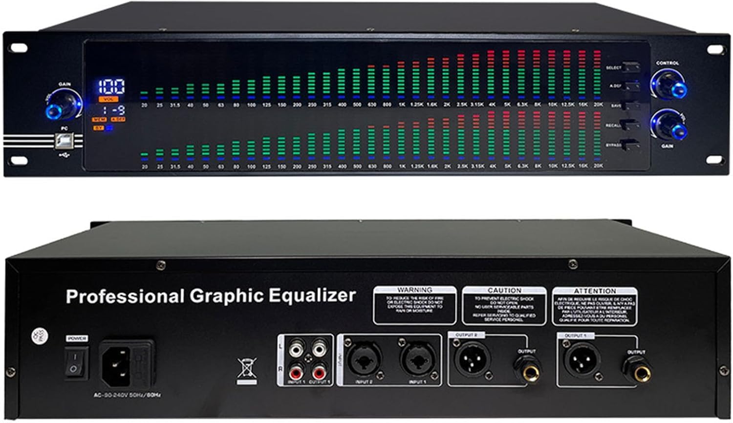 LNNW Equalizery graficzne 31-pasmowy cyfrowy korektor, stereofoniczny graficzny korektor EQ, wyświetlacz widma LED, do studia nagraniowego(Nero)