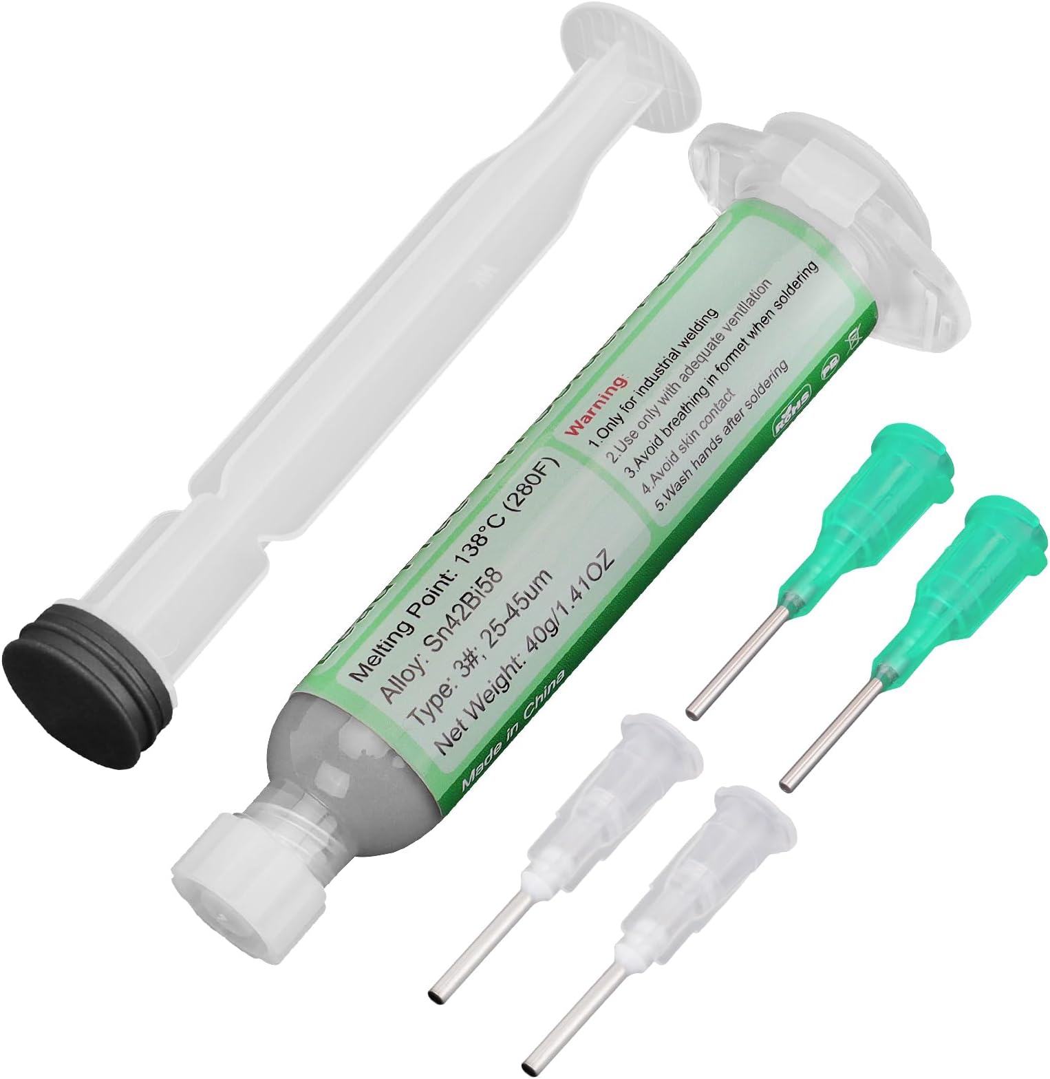 40g Solder Tin Paste with Syringe,138°C Low Temperature Syringe Solder Paste, Sn42/Bi58 Flux Soldering Paste with 4 Needles and 1 Push Rod, Solder Paste for Bag,PCB, CPU, SMT