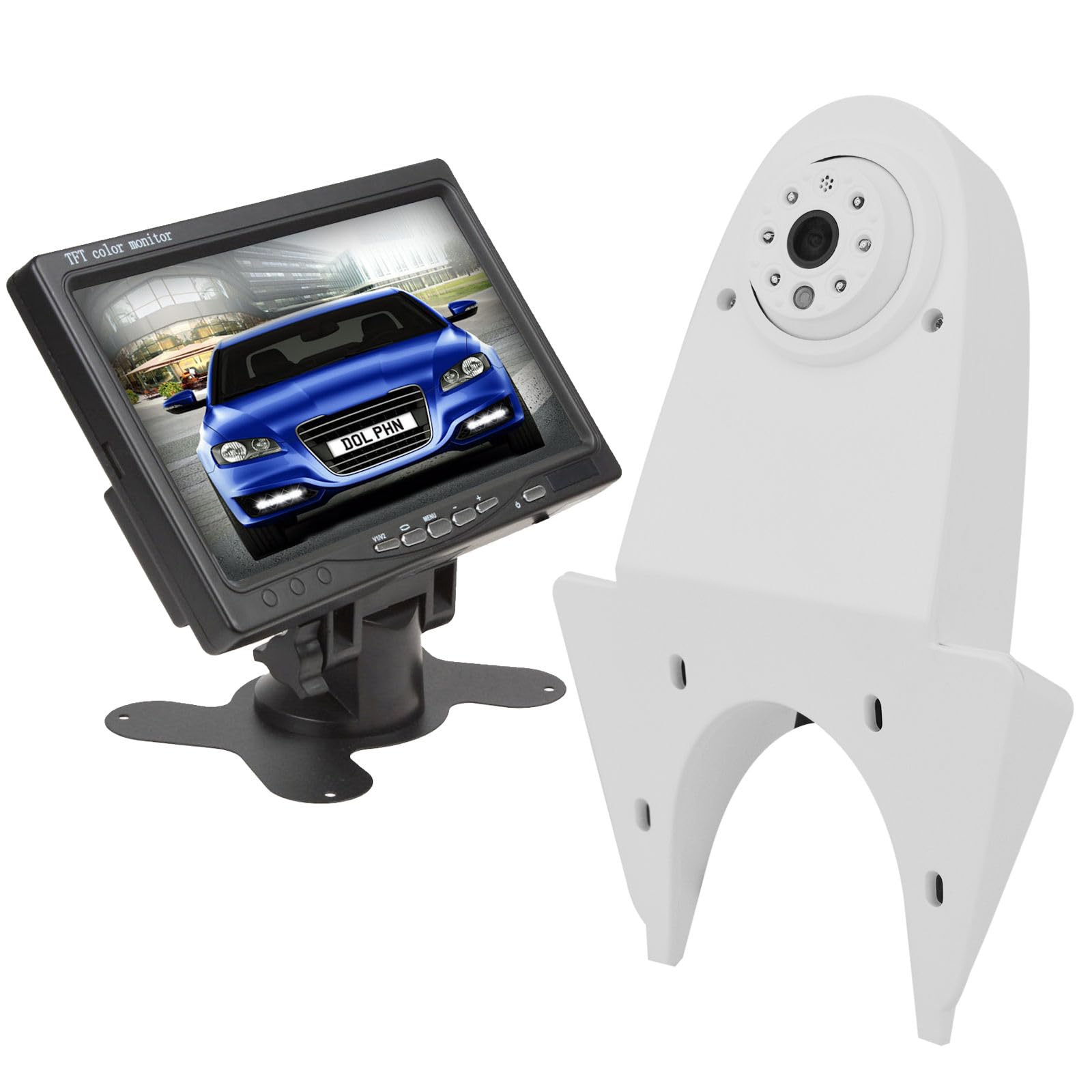 Dolphin Automotive Witte Van Achterdak Gemonteerde Achteruitrijcamera - Generieke Universele Overhang Fitting (Camera Met 7 Dash Monitor
