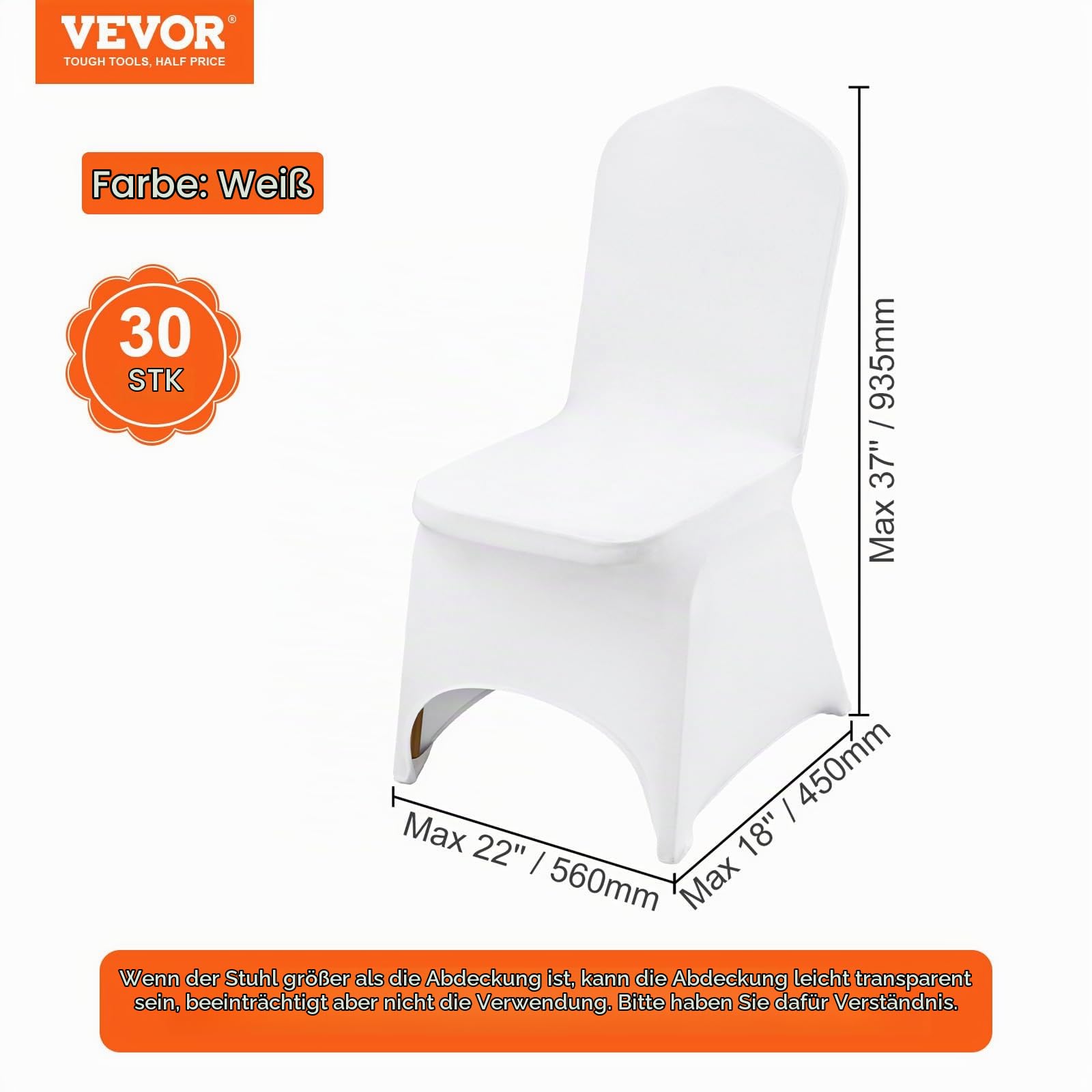 VEVOR Stuhlhussen Weiß, Abnehmbare & Waschbare Stuhlabdeckung, für Hochzeiten, Feiertage, Bankette, Partys, 30 Stücke