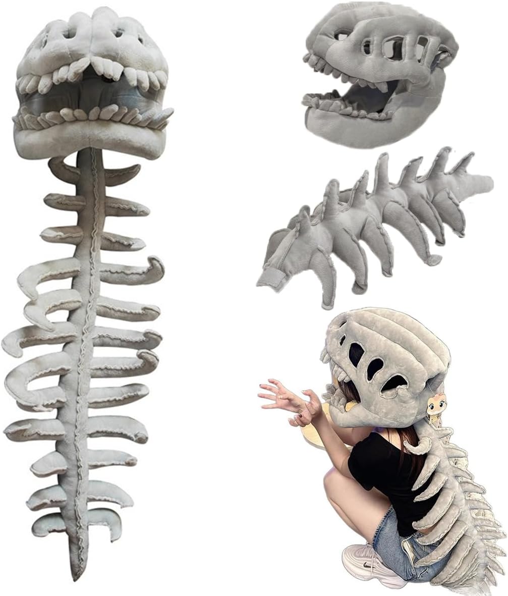 Dinosaur Skeleton Costume for Adults, Plush Dino Bone Headgear & Back Set, Funny Halloween Cosplay Outfit (Medium:47IN)