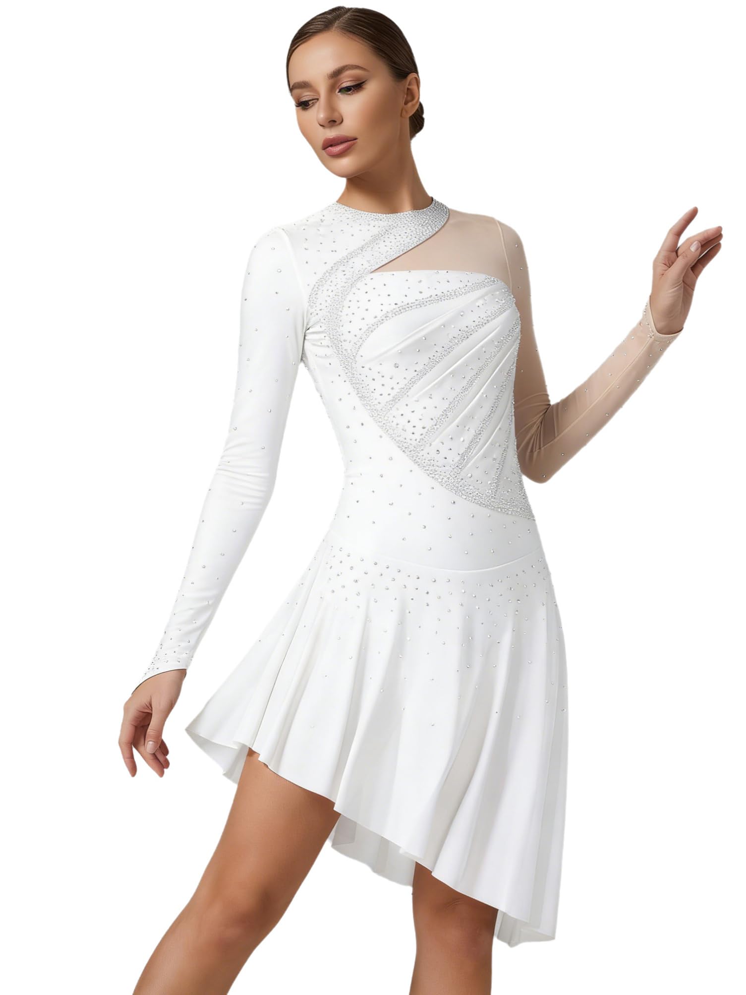 Aislor Femme Patineuse Tenue Robe Compétition Patinage Artistique sur Glace Strass Manche Longue Danseuse Robe Courte Danse Latin Moderne Performance