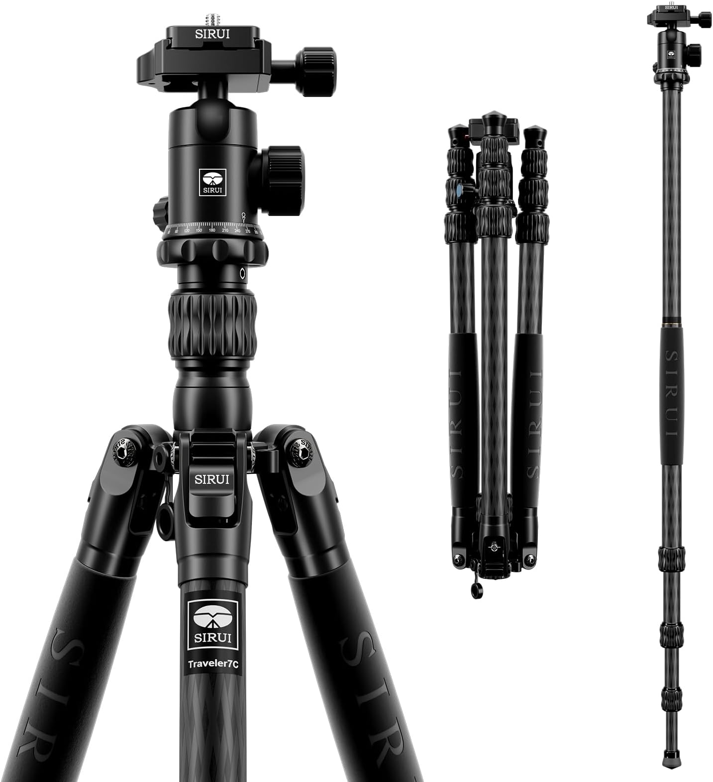 Traveler 7C Carbon Fibre Tripod for Camera, 65" Portable Travel Tripod and Monopod with 360° Panoramic Ball Head, with Extendable Centre Column for DSLR, Camcorder, Max Load 8kg