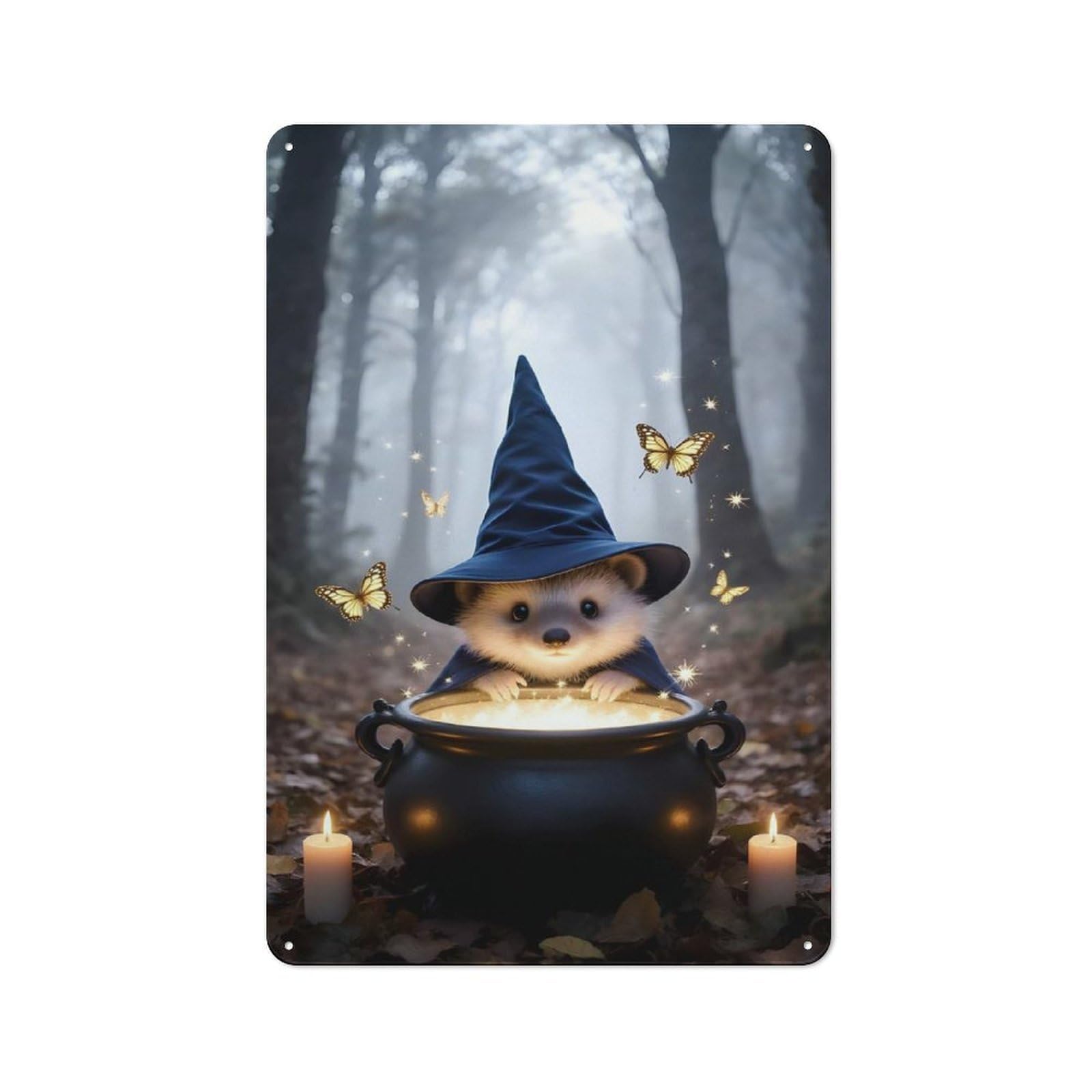 Junmoney Hedgehog Wizard With Cauldron In Forest Kitchen Metal Sign With Design 30X20cm, Vintage Cafe Wall Decor For Restaurant, Kitchen, Counter Or Breakfast Nook