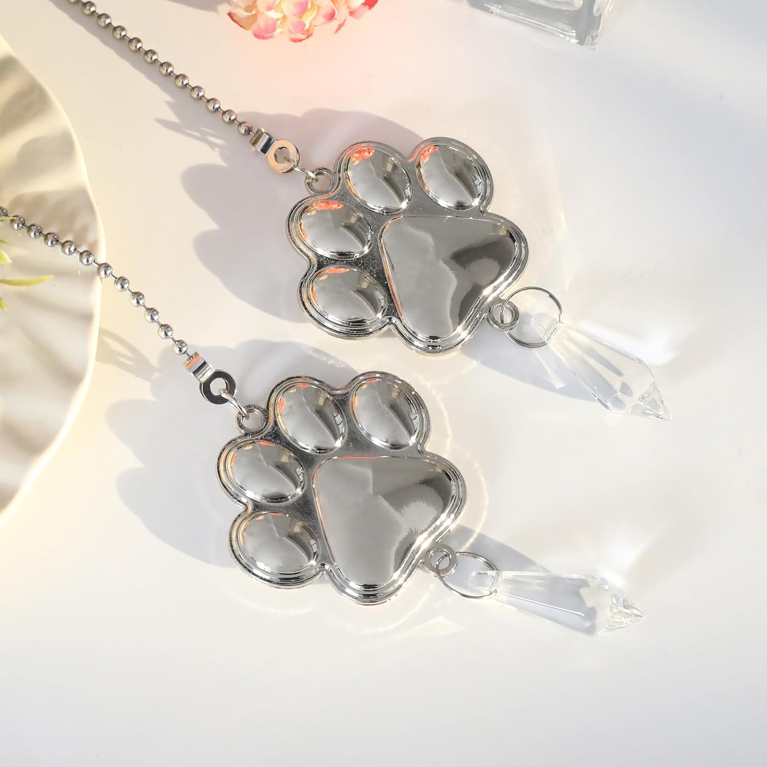 2 Pieces Crystal Ceiling Fan Pull Chain Decorative Silver Pet Footprints Pull Chain Ornaments Extension 24 Inch Ceiling Ornament with Connectors
