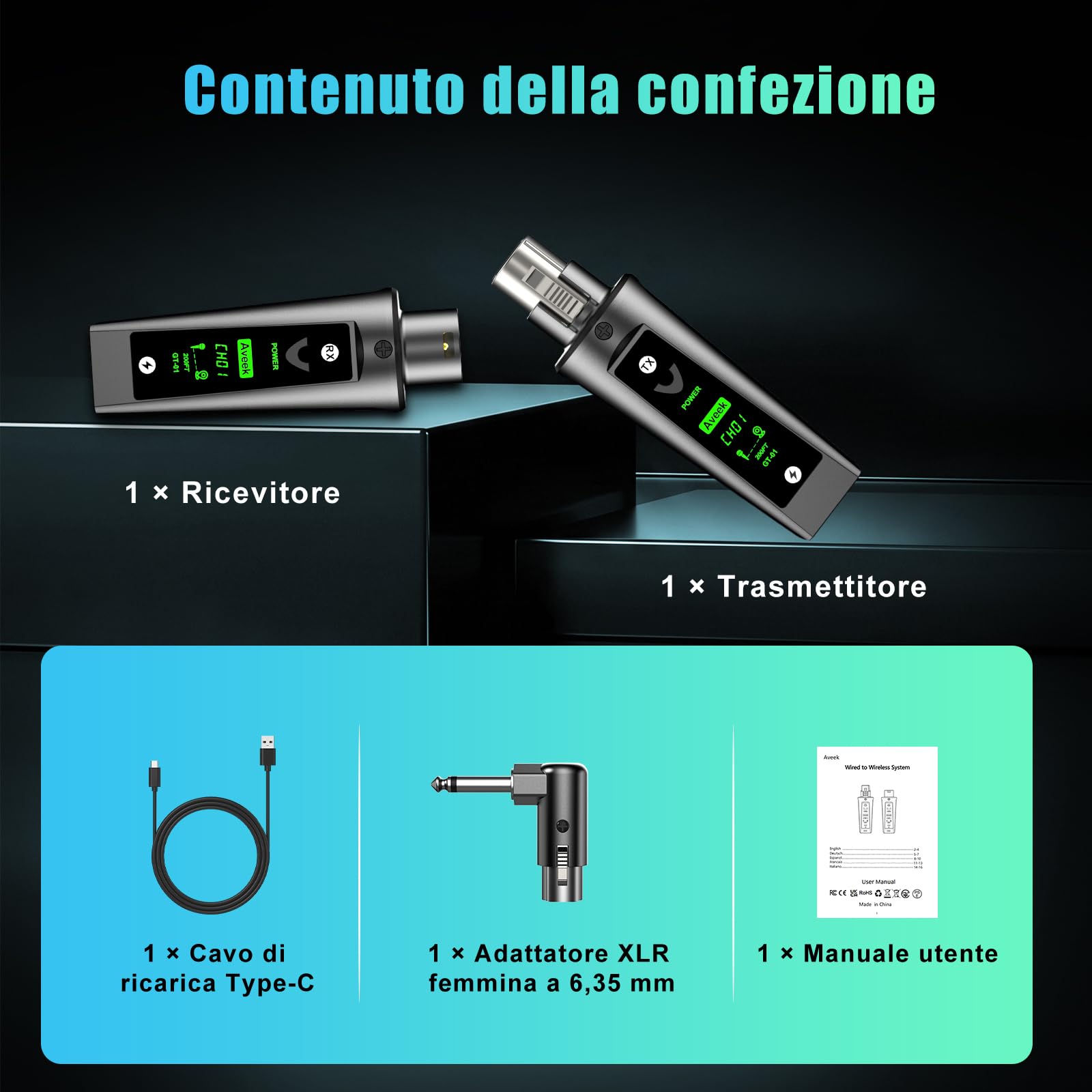 Aveek Sistema Wireless Trasmettitore e Ricevitore XLR per Microfono Dinamico, Portata 80 m | <0.2 ms Latenza, Segnale Stabile, 20h Batteria, Auto Pairing, Mic Wireless Adattatore per Mixer PA Live