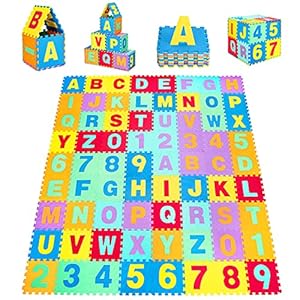 COSTWAY Kindervloeren puzzelmat speelmat (72-delige set), baby schuim speelmat met afneembare alfabet en cijfers, in elkaar grijpende EVA speelkleed vloertegels voor peuters en kleuters, 31,5 x 31,5 cm