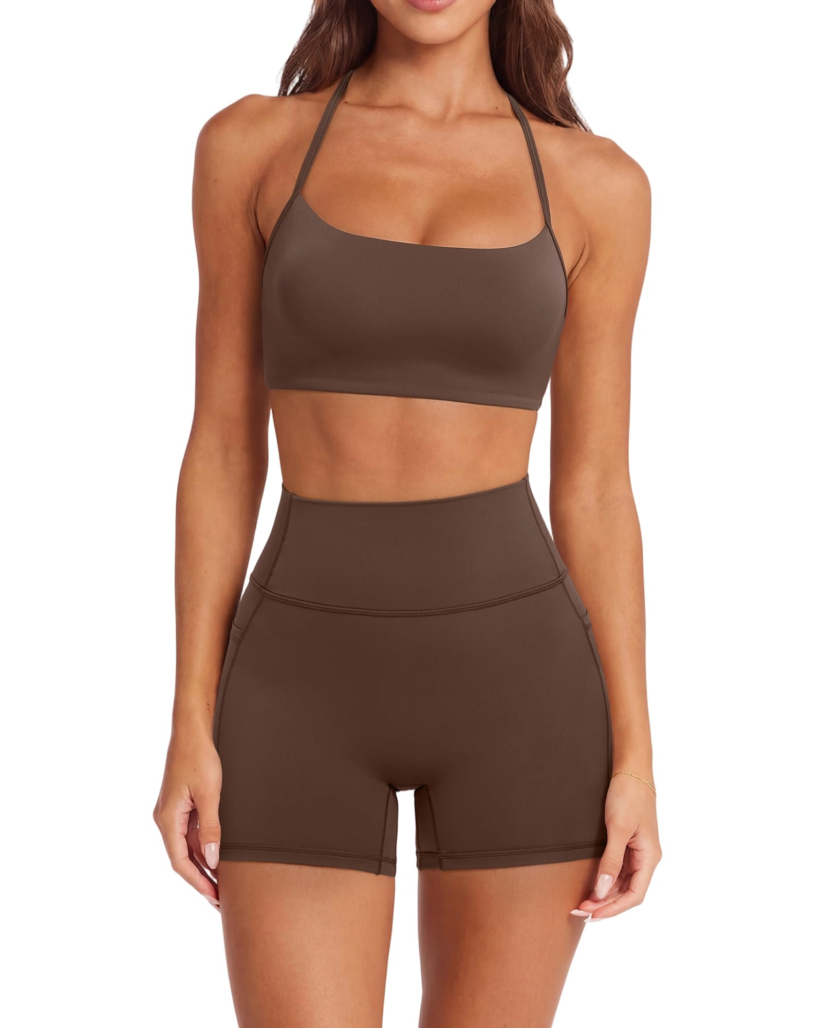 SUUKSESS Padded Halter Sports Bra with High Waisted Biker Shorts