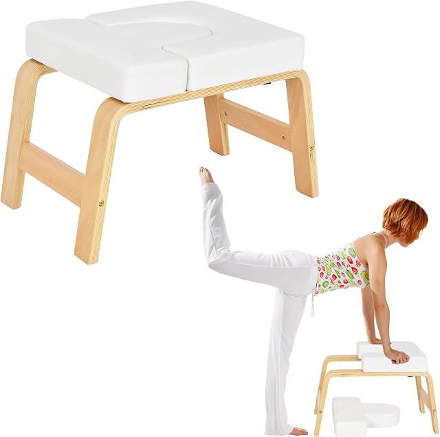 Maxmass Yoga Headstand Chair, Wooden Inversion Training Bench with Detachable PU Pads, Upside Down Stool for Balance Training Core Strength