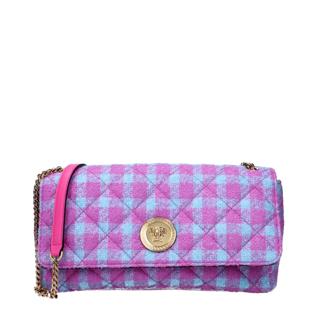 Versace Medusa Womens Blue Purple Crossbody Bag Medium Fabric Leather Designer Shoulder Bag with Medusa Hardware Button Flap
