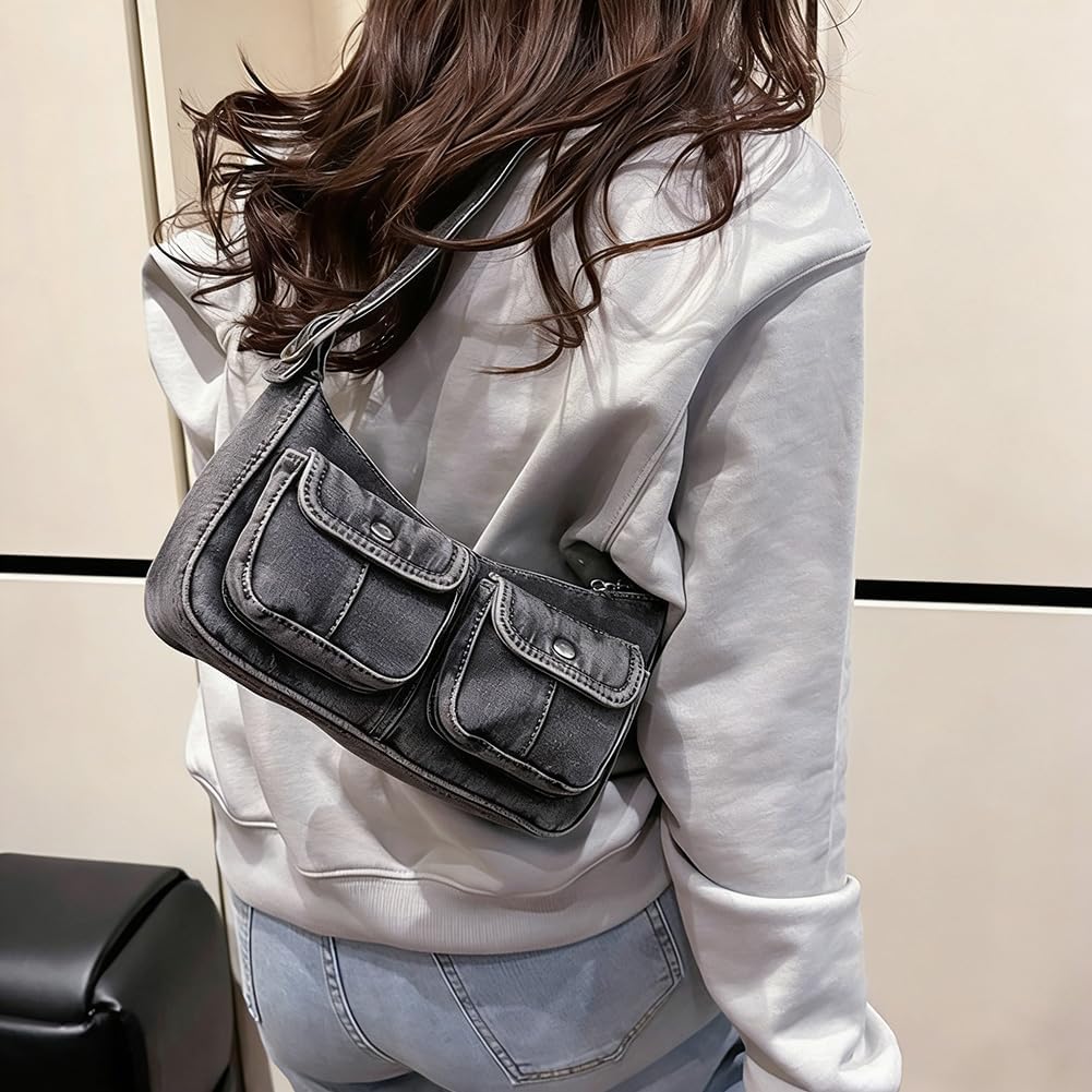 Y2K Denim Purse for Women Vintage Shoulder Bag Small Top Handle Clutch Punk Underarm Handbag with Multiple Pockets 2025