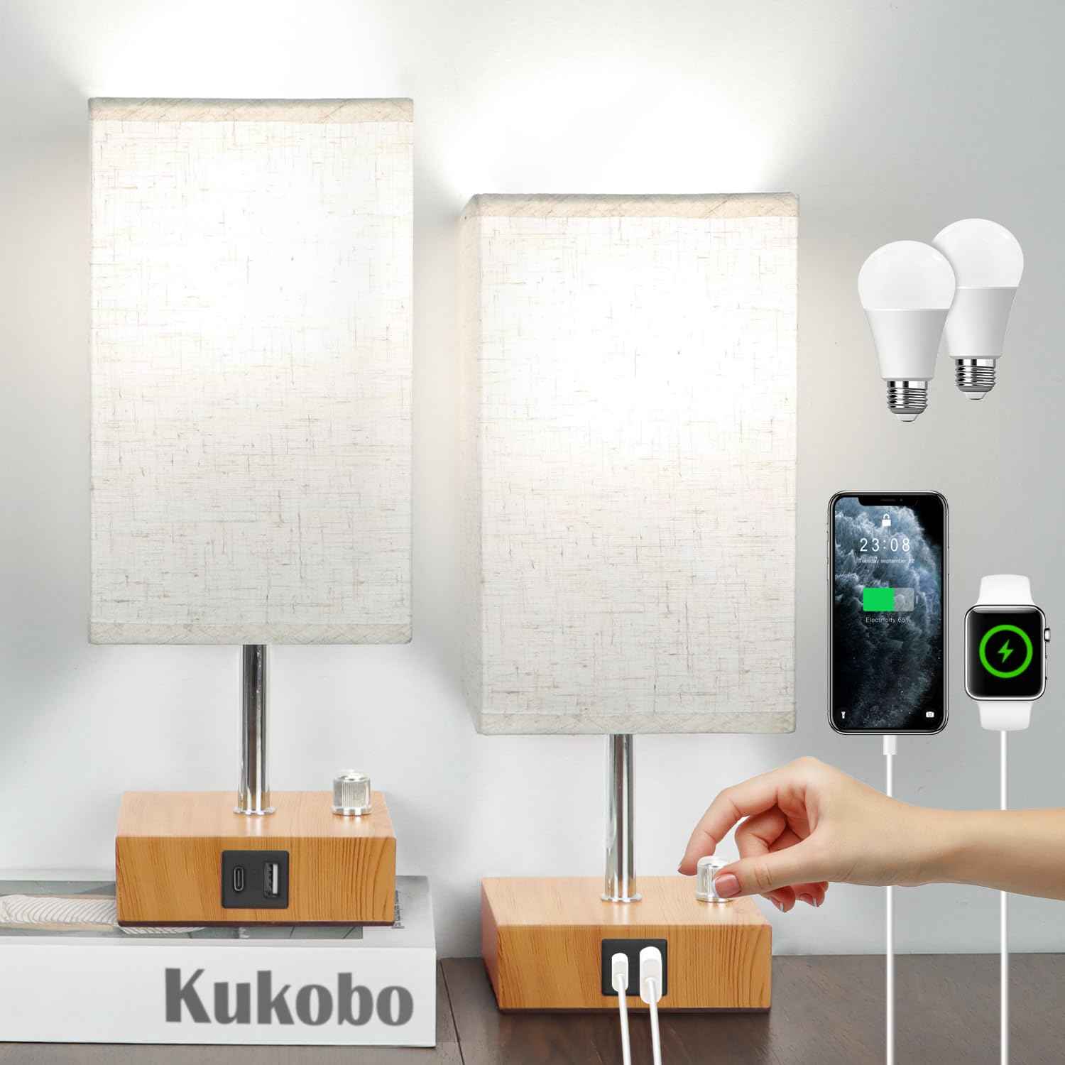 Small Bedside Lamps Set of 2, Fully Table Lamp for Bedroom Office, Nightstand Lamp with USB C+A Ports & AC Outlet, Square Beige Fabric Shade Wood Grain Metal Base(LED Blubs Included)