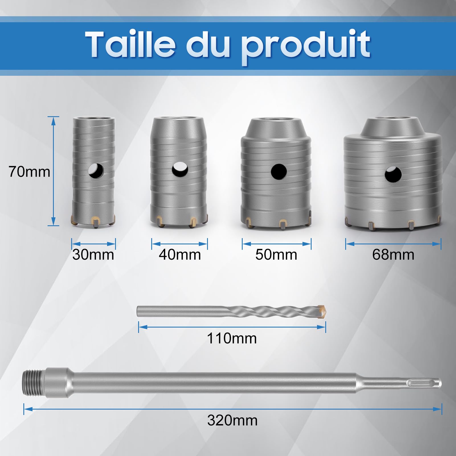 Scie Cloche Beton, Couronne de Forage 30 Mm, 40 Mm, 50 Mm, 68 Mm, Couronne Carotteuse Foret Tige 320 Mm Foret pour Maçonnerie Pierres Naturelles Grès Marbre, 7 Pièces