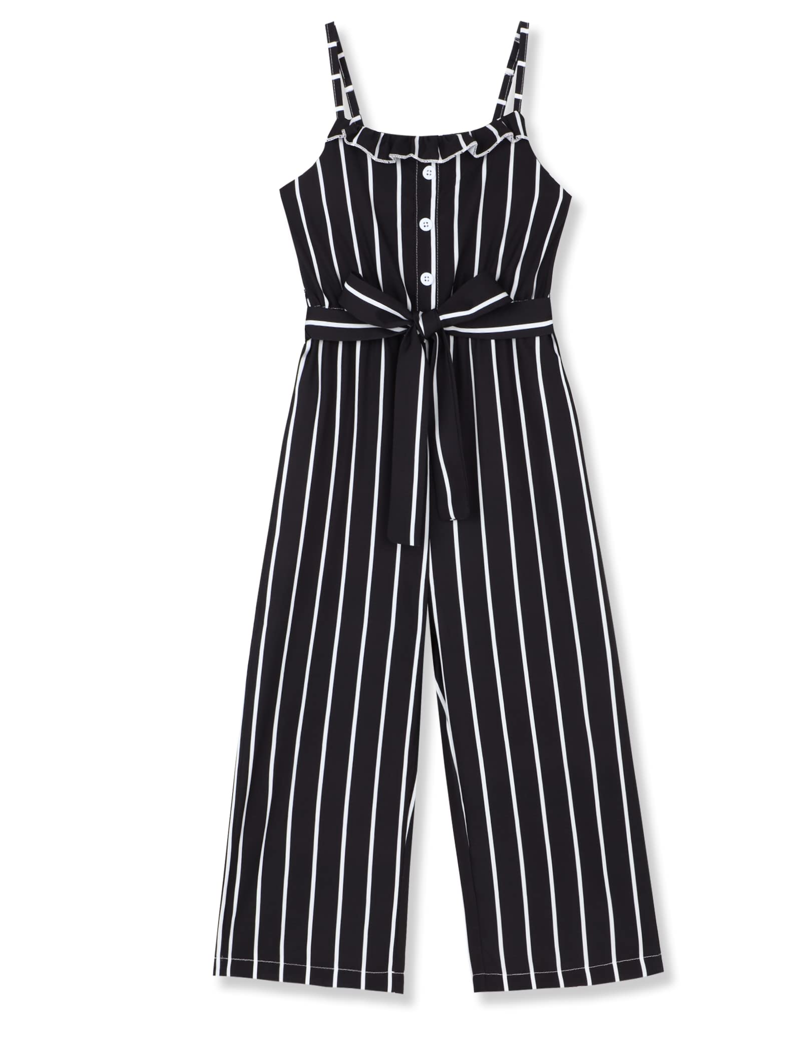 Crazyme Girls Jumpsuit Striped Sleeveless Girl Casual Rompers Suspender Wide Leg Pants with Belt Jumpsuit for Girls 4-13Y