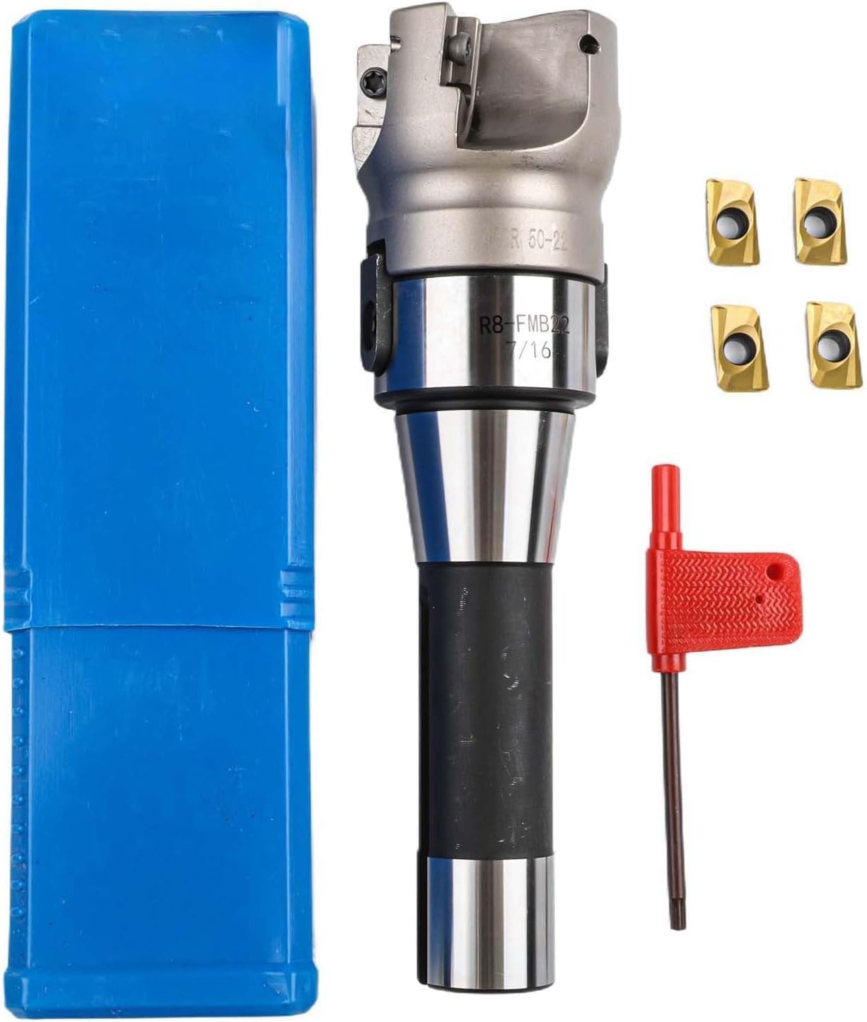 R8 FMB22 Arbor with 400R 50mm End Mill Shell Cutter and 4 APMT1604 Carbide Inserts for Indexable Milling Operations