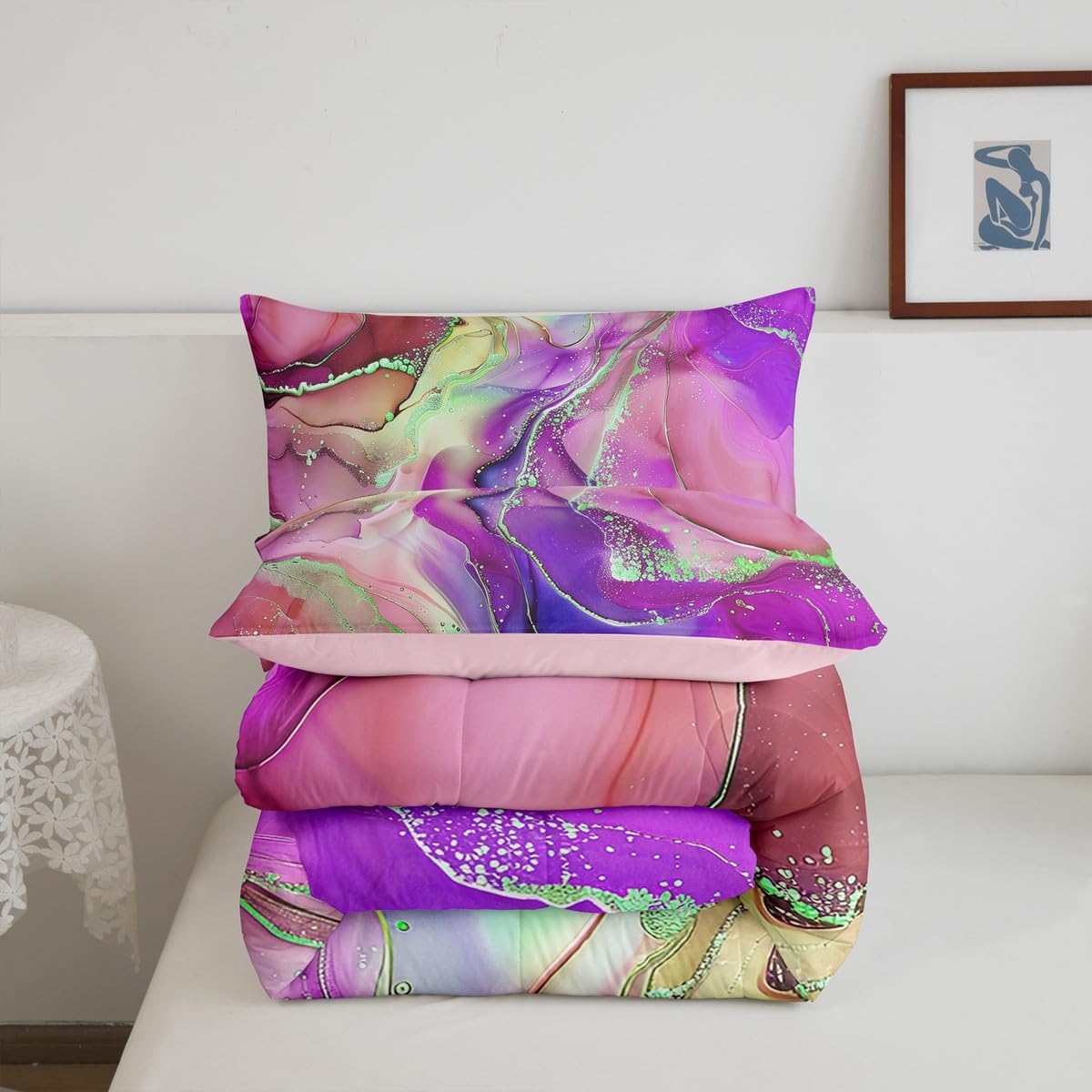 Erosebridal Girly Pink and Purple Queen Bedding Sets Aesthetic Marble Comforter Set for Girls Women, Foil Print Down Comforter Mountain Fluid Bedding Comforter Sets, Rainbow Tie Dye Duvet Insert