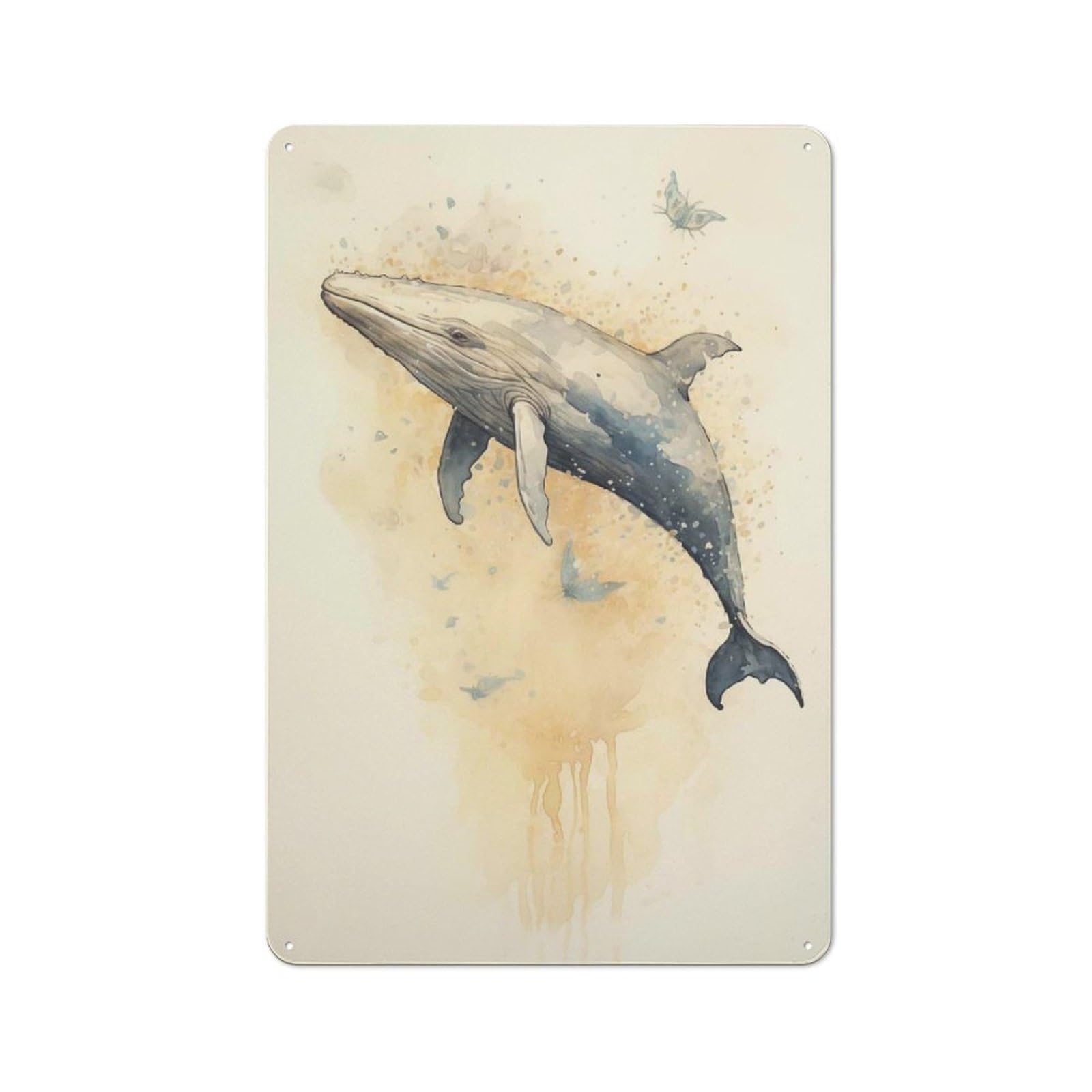 Tin Wall Plaque 30x20cm with Watercolor Whale Big Fish for Kitchen Or Home Bar, for Vintage Wall Decor Fans, for Garage And Workshop Walls