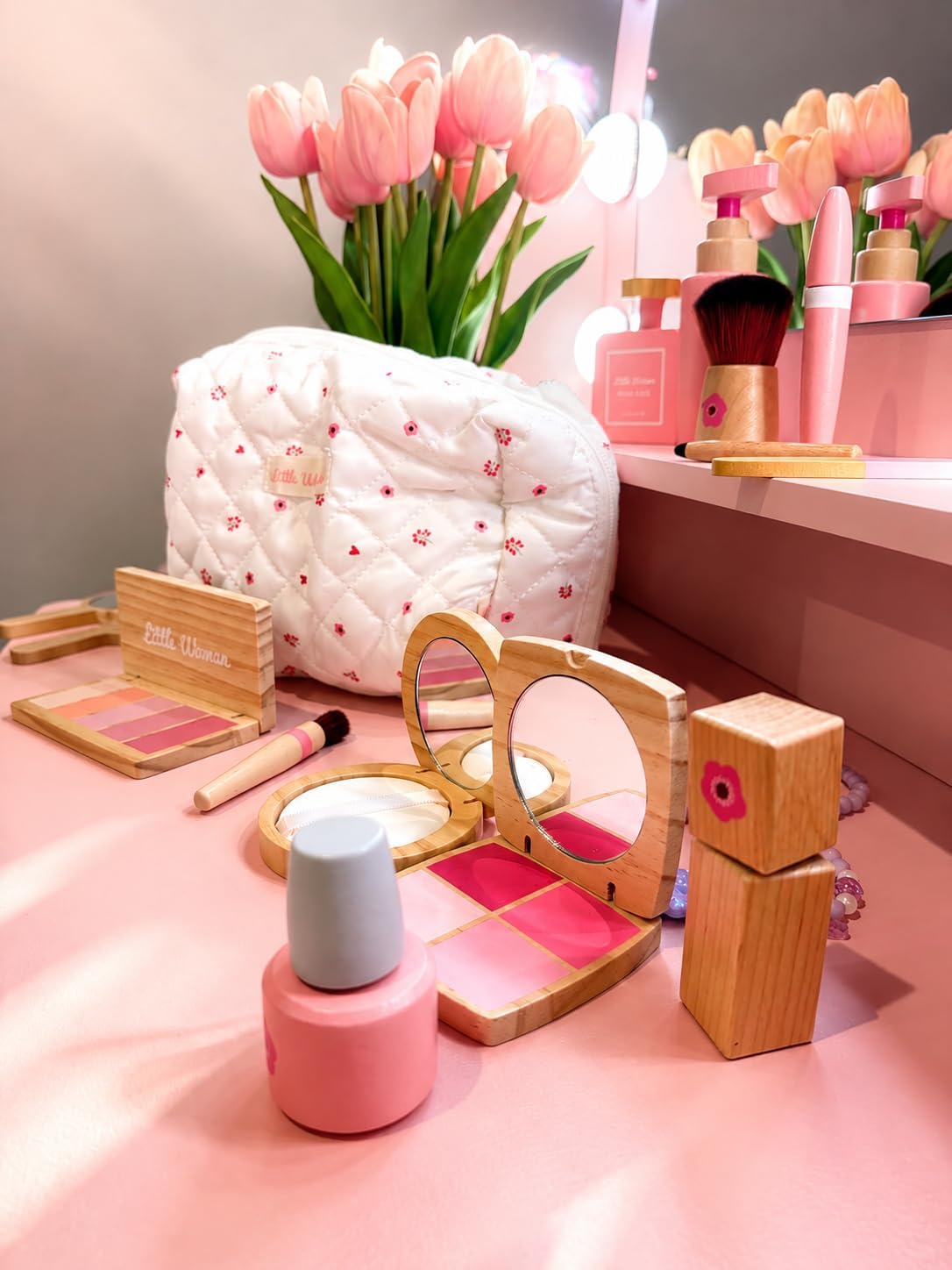Wooden Makeup Toy Set for Toddler [2026] Play Makeup Kit for Girls 3-5 with Pretend Wood Lipstick/ Mirror/ Brushes/ Cosmetic Set Beauty Girl Birthday Gift Age 3 4 5 6