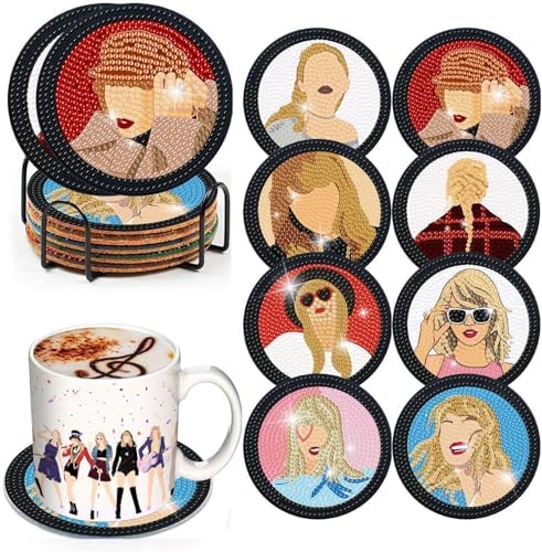 8 PCS Pop Star Diamond Art Coasters – Vintage Music Diamond Painting Coasters Kits with Holder, DIY Small Diamond Dot Coasters for Adults Art Craft Supplies Gift
