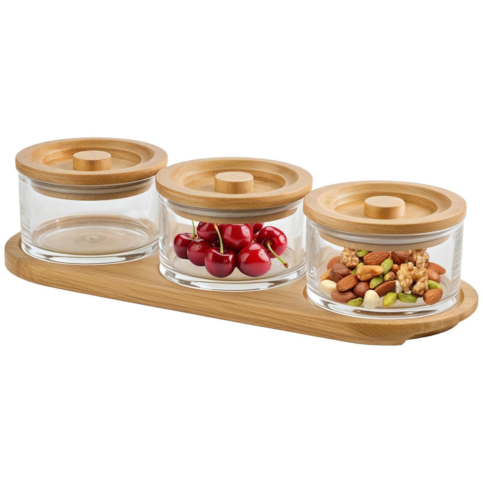 Bandeja de cristal para servir con tapa de madera, juego de 3 compartimentos para condimentos y cuencos para salsas picadas, incluye bandeja de madera ranurada, ideal para fiestas de té y