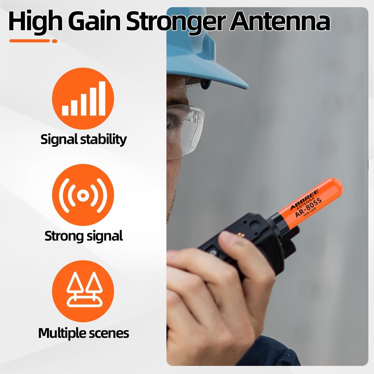 Graphic illustrating the high gain features of the antenna, showing signal stability, strong signal, and suitability for multiple scenarios.