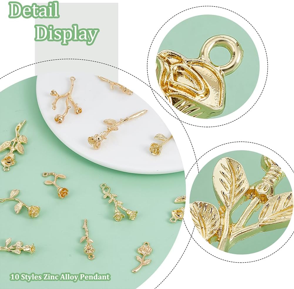 PH PandaHall 40pcs 10 Styles Rose Charms, Golden Rose Branch Charms Flower Charm Pendants Jewelry Making Pendant for DIY Earrings Necklace Bracelet Crafts Making Christmas - Image 4