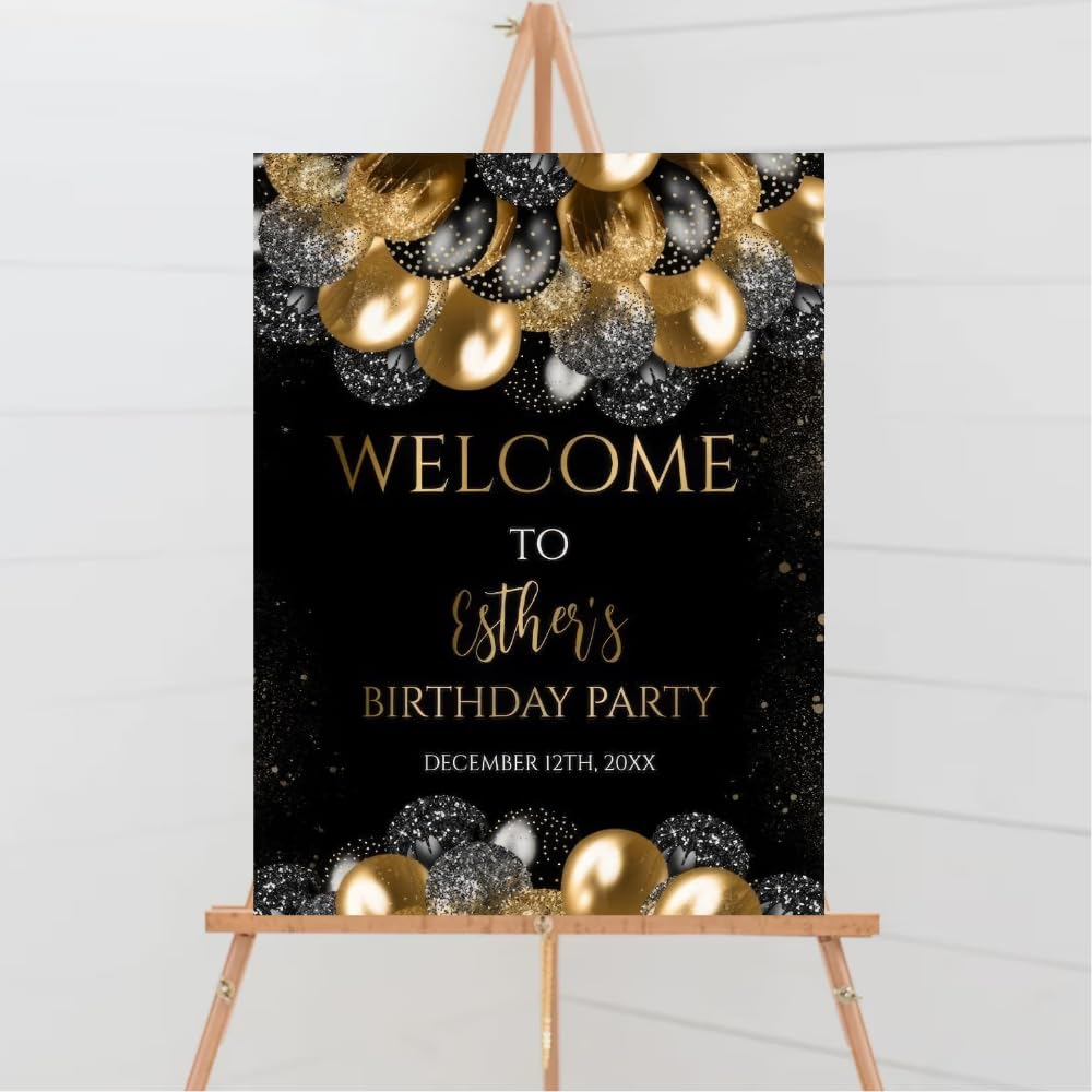 Personalized Welcome Birthday Sign, Birthday Welcome Sign, Black And Gold Glitter Balloons Birthday Party,Balloons Birthday Party Decoration, Birthday Welcome Sign,