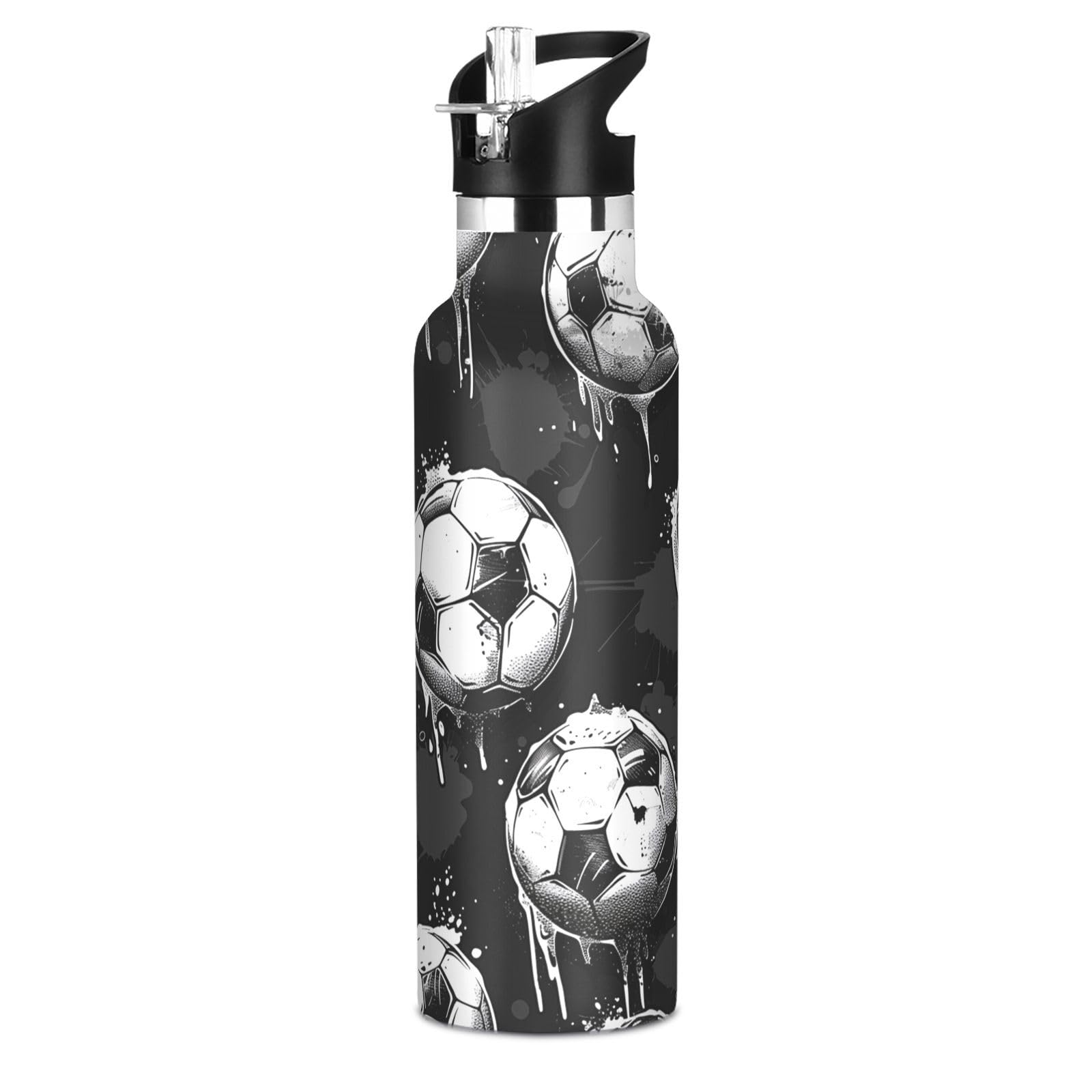 Kaaviyo Boys Pattern Soccer Balls Splashing Black Ink Water Bottle Stainless Steel Jug Insulated Vacuum Cup For Girls(600Ml)
