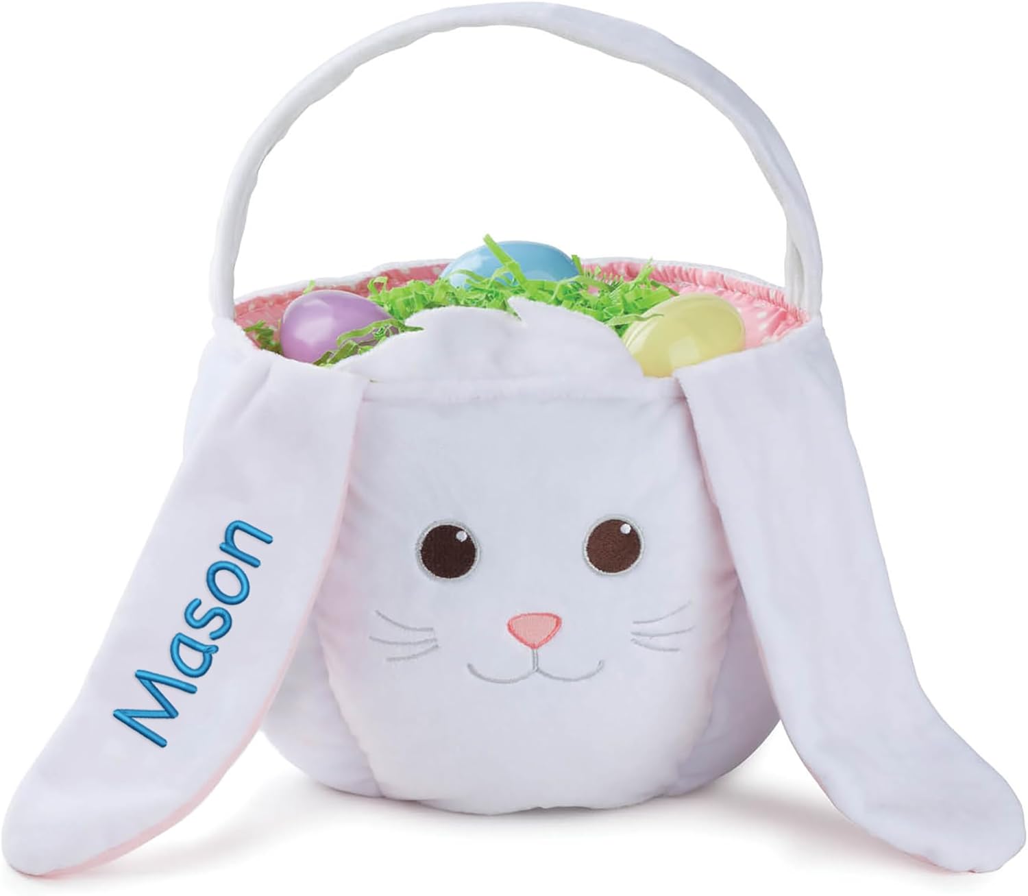 Personalized White Easter Bunny Bag with Custom Name Embroidered | Plush Easter Bag with Handle | Soft Egg Basket for Kids | Customized Easter Basket | Great for Easter Egg Games (Blue Letters)