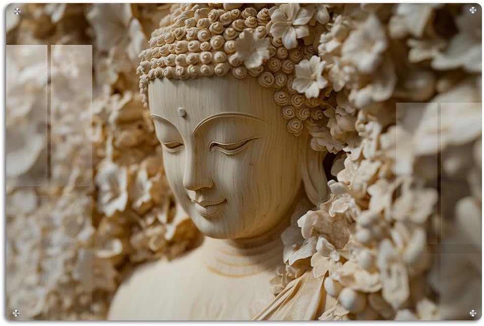 FIVE KRAFT Buddha Wall Art | Spiritual Carved Buddha Face with Floral Detailing | Glossy Acrylic Material | Vastu Positive Decor | 24×16 Inches 8mm with Railing Studs