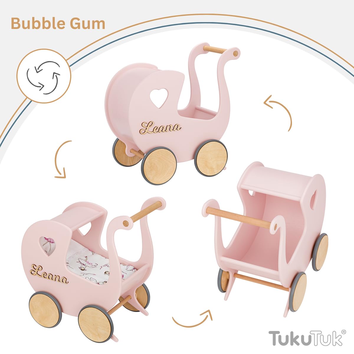 Puppenwagen ab 1 Jahr - Individuell mit Namen - Handgefertigter Puppenwagen - Holzpuppenwagen - Sicher Abgerundete Kanten - Ausdrucksstarke und Schöne Farben (Puderrosa)