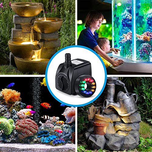 Cwkj Fountain Pump With Led Lights, 220Gph(15W 900L/H) Submersible Water Pump, Durable Outdoor Fountain Water Pump With 6.5Ft Tubing (Id X 1/3-Inch), 3 Nozzles For Aquarium, Pond, Fish Tank #TOP6