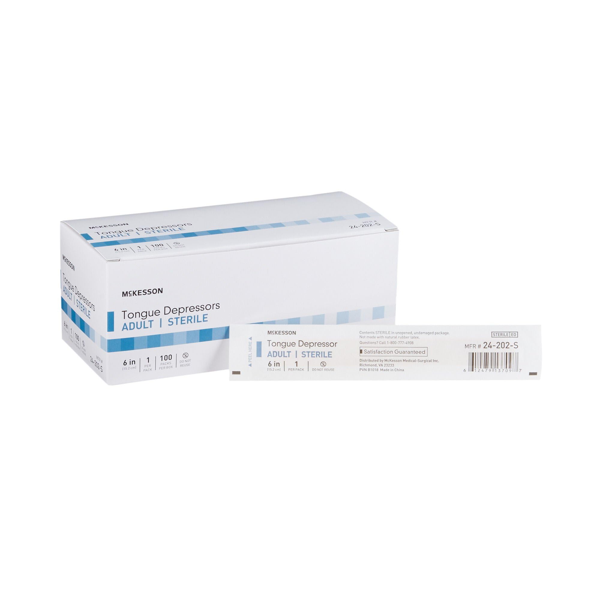McKesson Depresor de lengua, estéril, de madera, envuelto individualmente, adulto, 6 pulgadas, 100 unidades