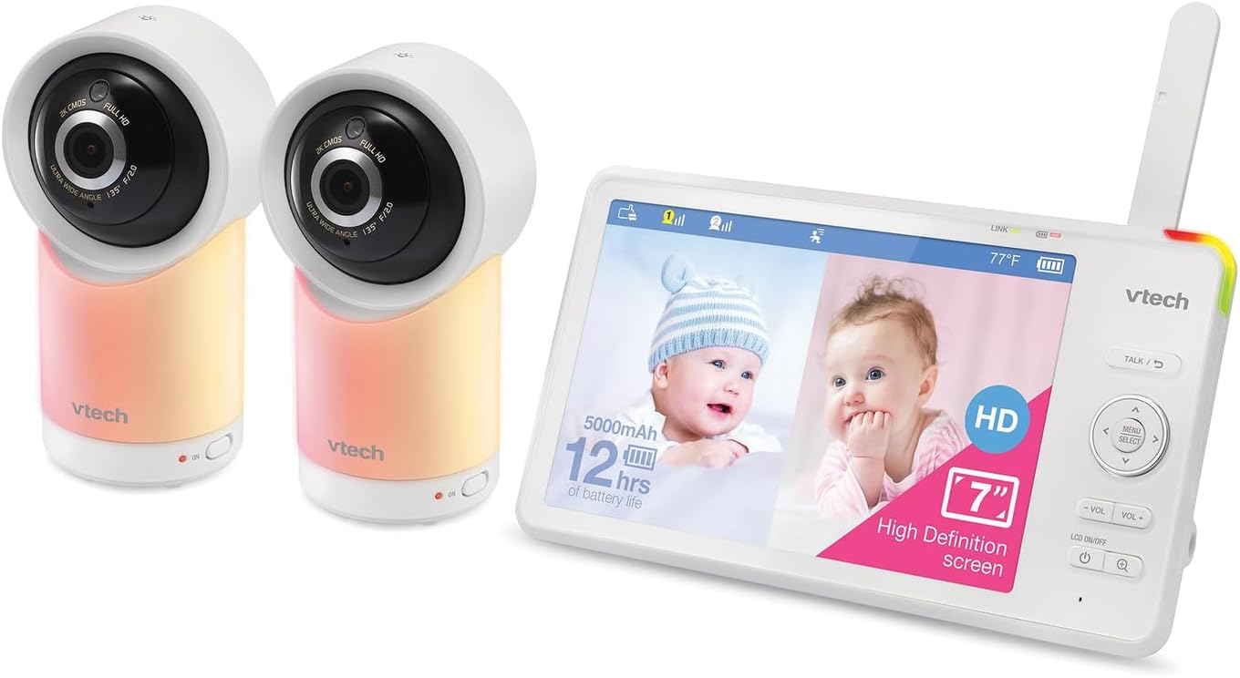 RM7766-2HD RM77662HD Smart Wi-Fi 1080p 2 Cameras 360°-Pan-and-Tilt Video Baby Monitor with 7 Inch View, Night Light and Remote Access, White