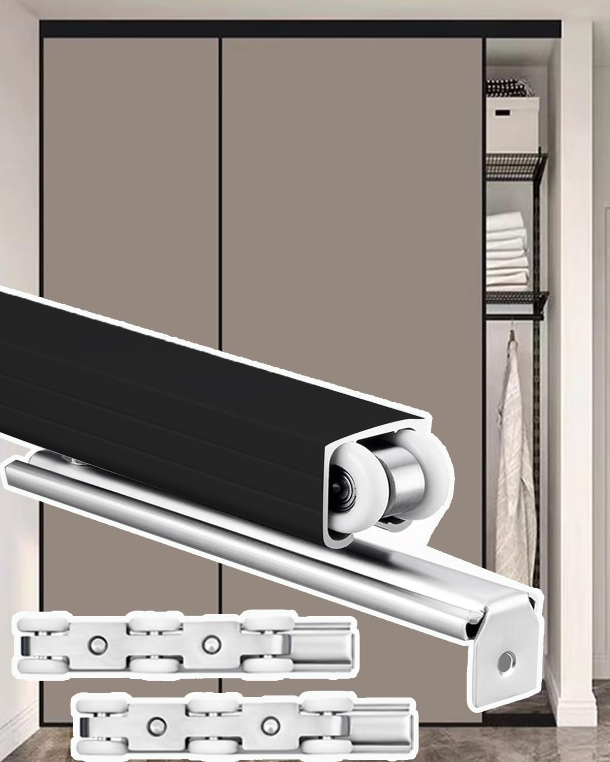 Kit de puerta corredera negra de 2 m a 3,7 m, sistema de riel completo con rodillos para puertas de armario e interiores, fácil de instalar, duradero y suave funcionamiento