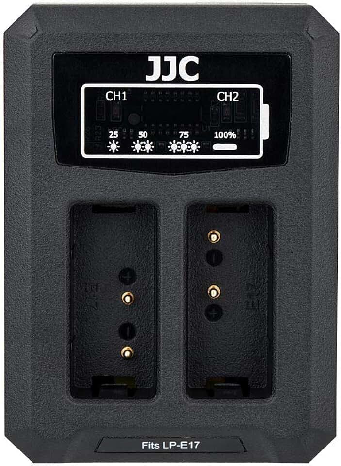 JJC Carregador de bateria LP-E17 USB com compartimento duplo para câmeras Canon EOS R100 R8 R50 R10 RP M6 Mark II M6 M5 M3 77D EOS Rebel T8i T7i T6s T6i SL3 SL2