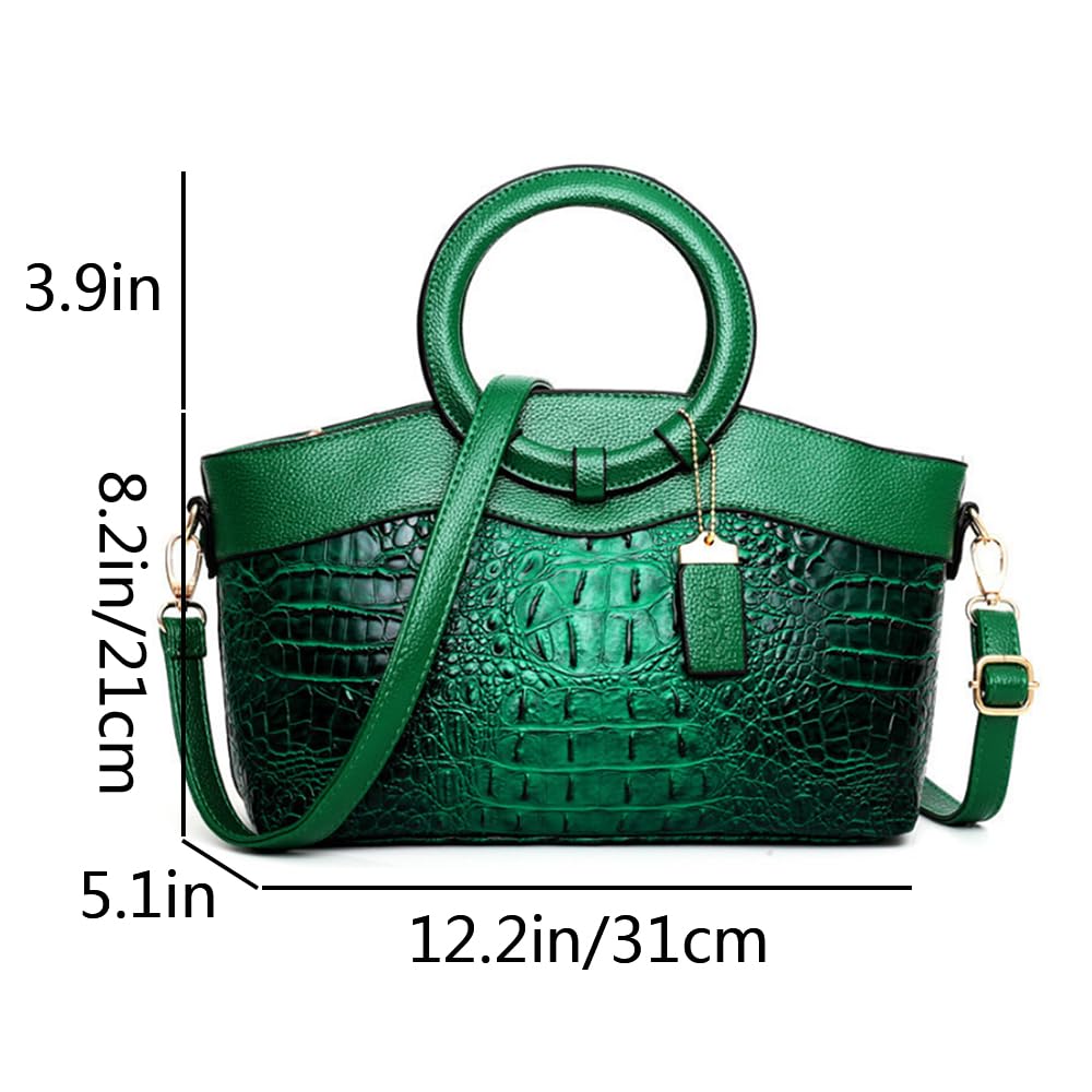 Bolso y bolso de mano de piel sintética con patrón de cocodrilo circular con asa superior para mujer, Green, Talla única