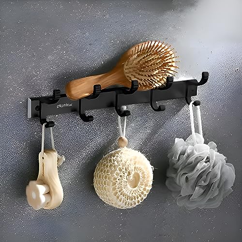 Image of Plantex Aluminum Hook Rail with Movable Hooks for Walls of Kitchen /Bathroom /Hook Rail Bar for Clothes /Towel /Keys (5 Hooks) Black