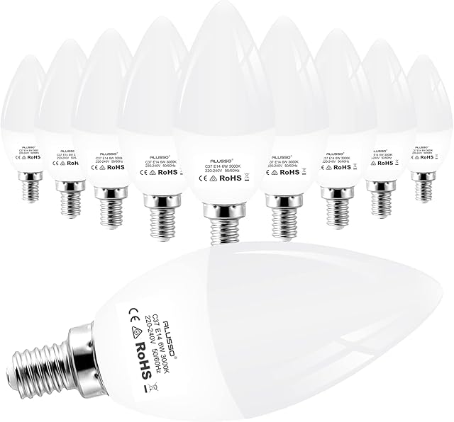 ALUSSO E14 LED Light Bulbs Small Edison Screw Candle Bulbs, 6W 540lm Cool White 6000K, Equivalent to 60W Halogen Bulb, 180° Wide Beam, Non Dimmable, Energy Saving SES Bulbs for Chandeliers, Pack of 10
